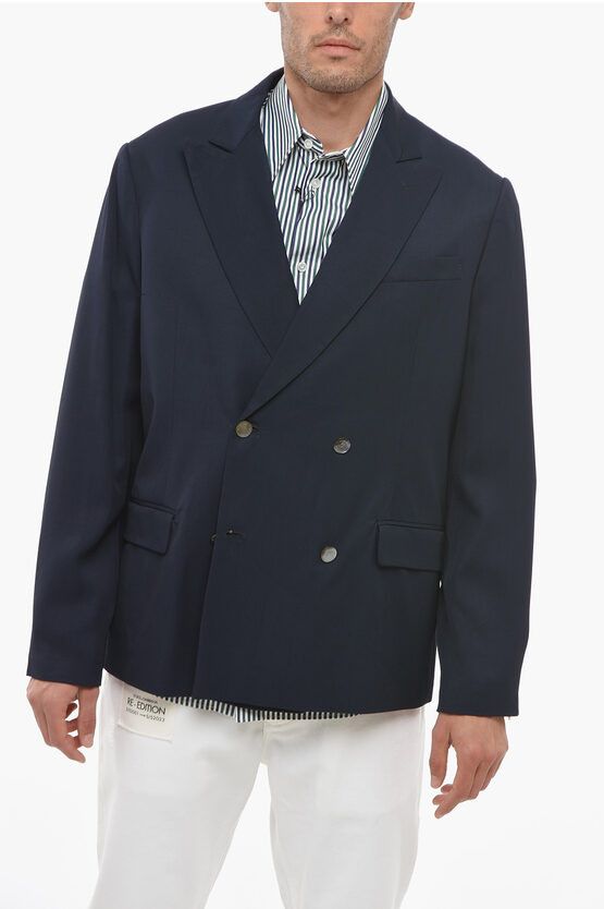 image of 4Sdesigns Double-Breasted Viscose Blazer With Peak Lapel in Blue, Men's (Size Medium)
