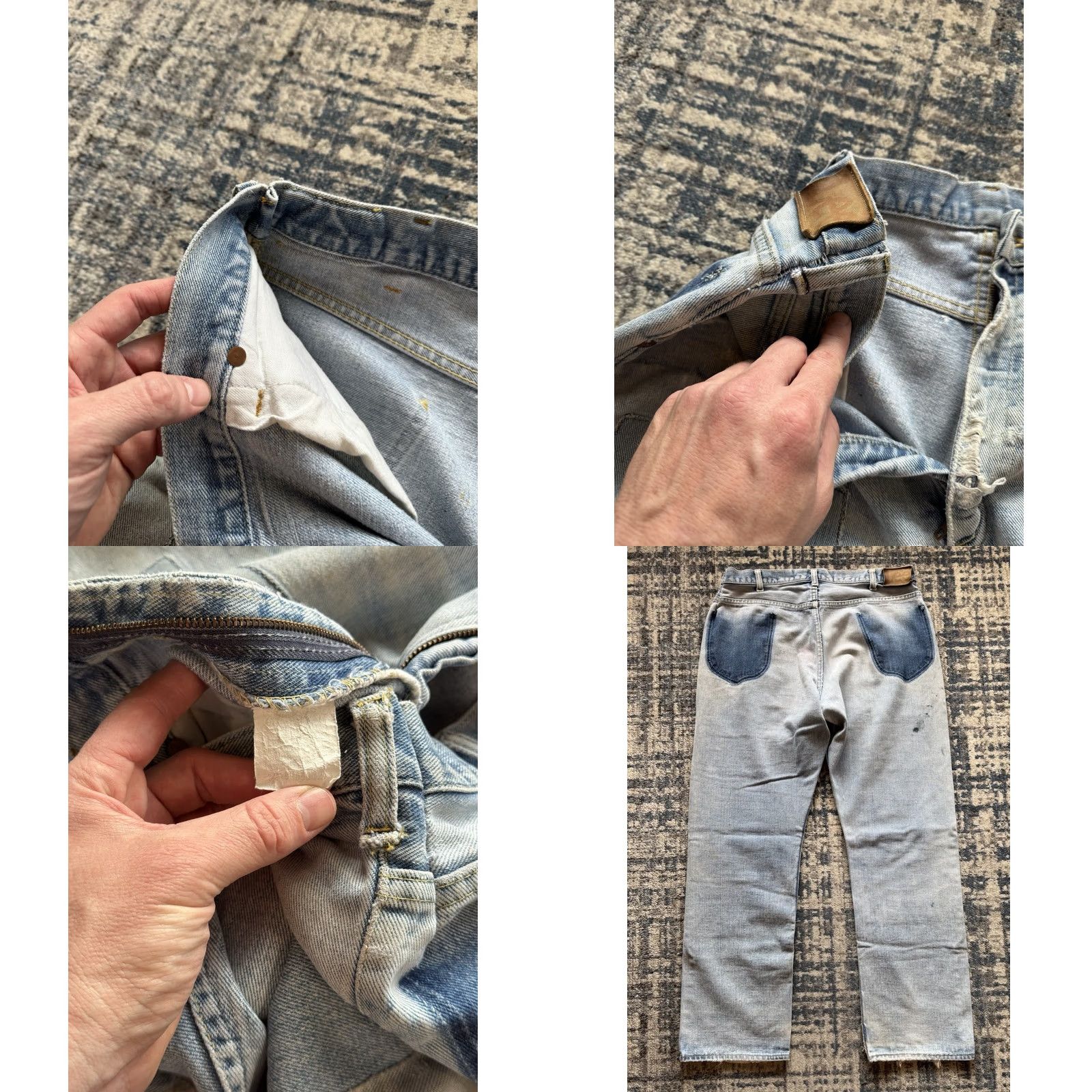 Lee VINTAGE Lee Riders Denim Jeans 70s Distressed Patchwork 33W 31L Blue Scovill Zipper Mens/Boys Jeans Size US 33 - 10 Thumbnail