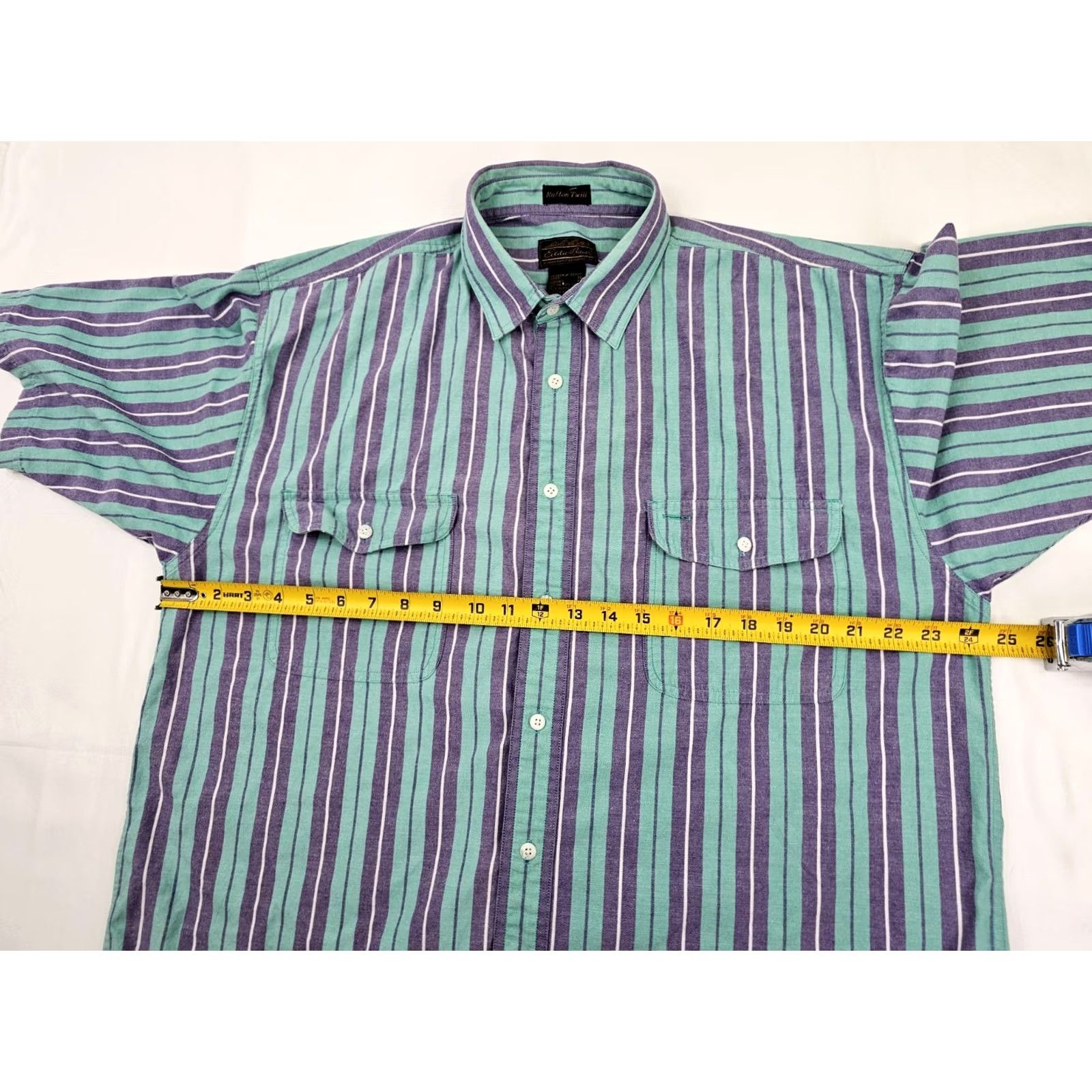 Eddie Bauer VINTAGE Eddie Bauer Rufton Twill Shirt Men XL Turquoise Purple Striped Cotton Button-Up Short Sleeve Retro Pol o Shirt? Size US XL / EU 56 / 4 - 4 Thumbnail
