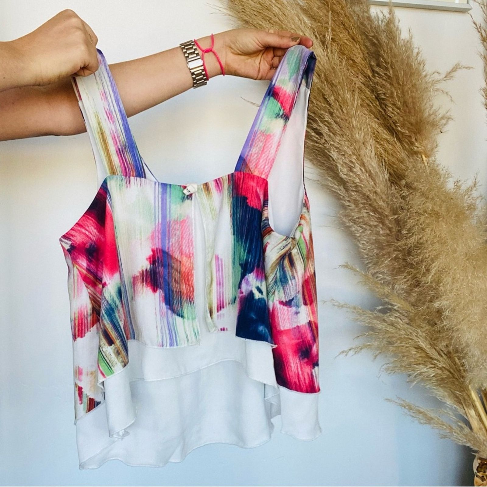 Nordstrom TYCHE NORDSTROM White Rainbow Print Ruffle Tank Top Blouse Size M / US 6-8 / IT 42-44 - 4 Thumbnail