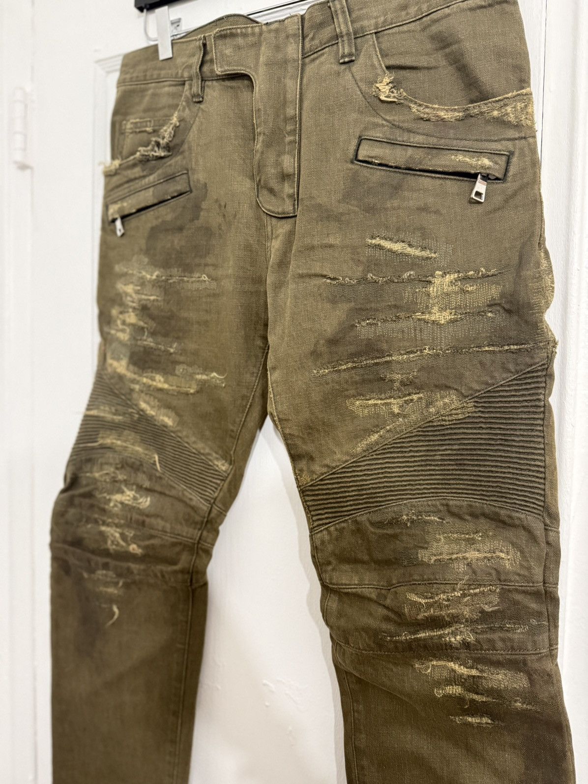 Balmain Olive Distressed Bikers *RARE* Size US 32 / EU 48 - 2 Thumbnail