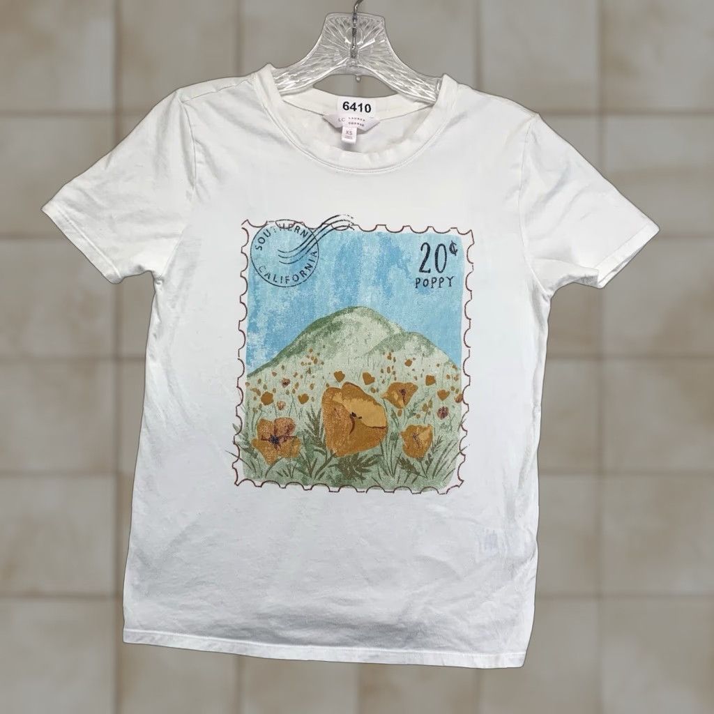 Vintage LC Lauren Conrad Women's XS White Graphic T-Shirt Poppy Flowers Art Casual California Size XS / US 0-2 / IT 36-38 - 1 Thumbnail