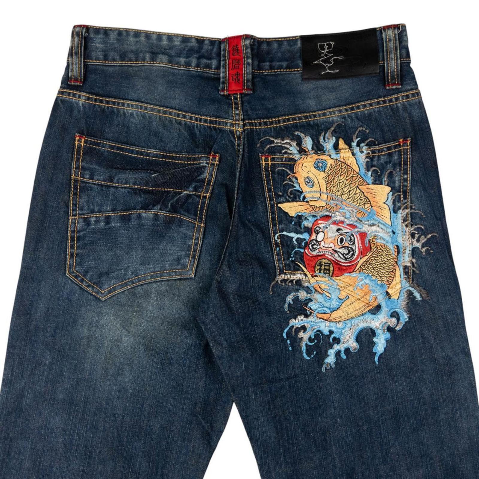 Vintage Big Train Embroidered Koi Fish Denim Jeans Size W30