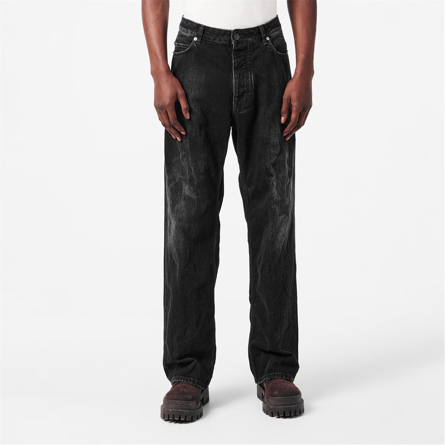 Balenciaga o1g2r1mq0226 Bal Distress Distressed Wide Leg Jeans Black Size US 34 / EU 50 - 3 Thumbnail