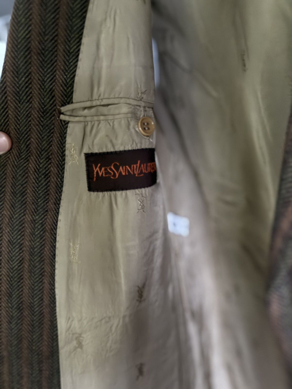 Yves Saint Laurent Vintage YSL Blazer Brown Herringbone Wool Leather Buttons IT Size 44S - 11 Thumbnail
