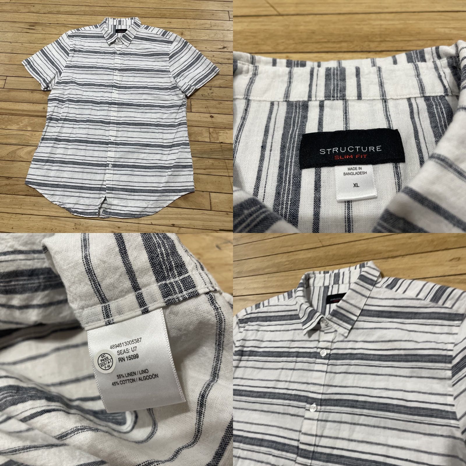 Nautica VINTAGE Structure Linen Button Shirt Men XL Slim Fit Gray White Striped Preppy Nautical Shirt Mens Slim Fit Linen Button-Up Shirt Size US XL / EU 56 / 4 - 9 Thumbnail