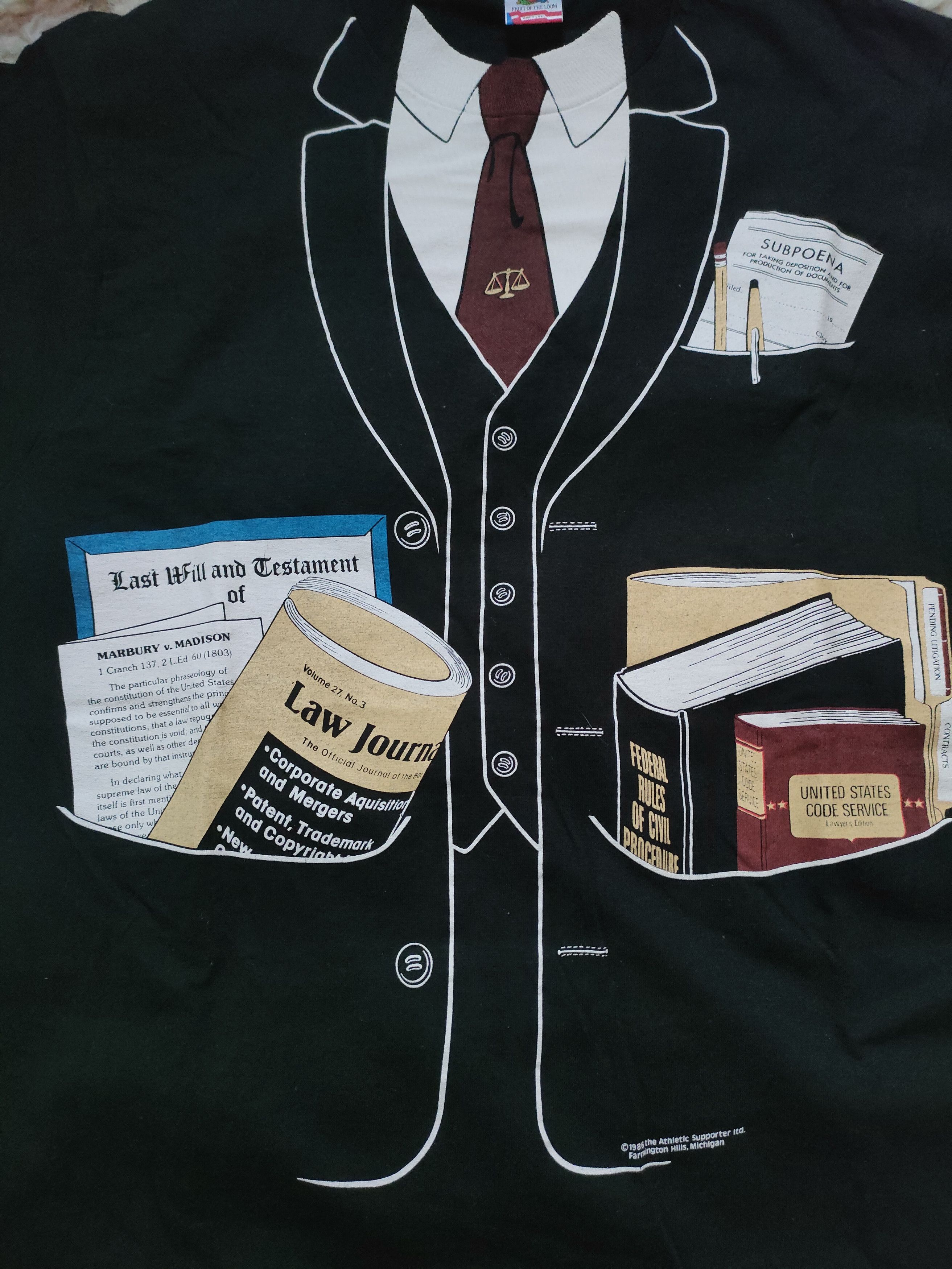 Fruit Of The Loom × Vintage 1986 Lawyer Cosplay Vintage Very Rare Tee Size US L / EU 52-54 / 3 - 6 Thumbnail