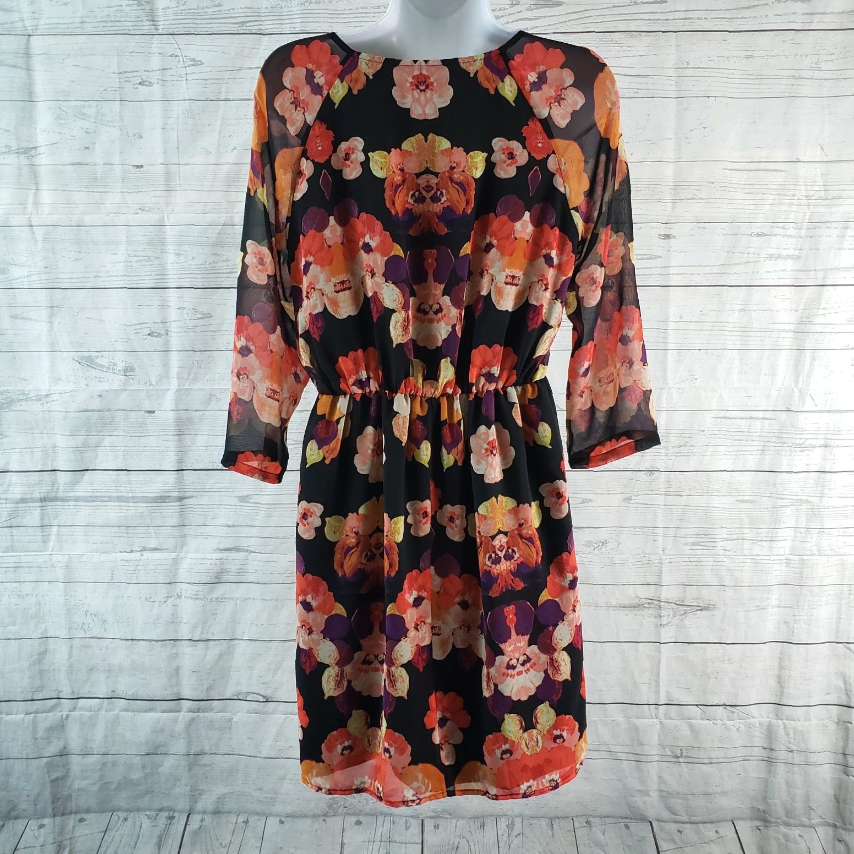Vintage Broadway & Broome Womens Dress Size 4 Black Floral 3/4 Sleeve V-Neck Short Dress Size S / US 4 / IT 40 - 4 Thumbnail