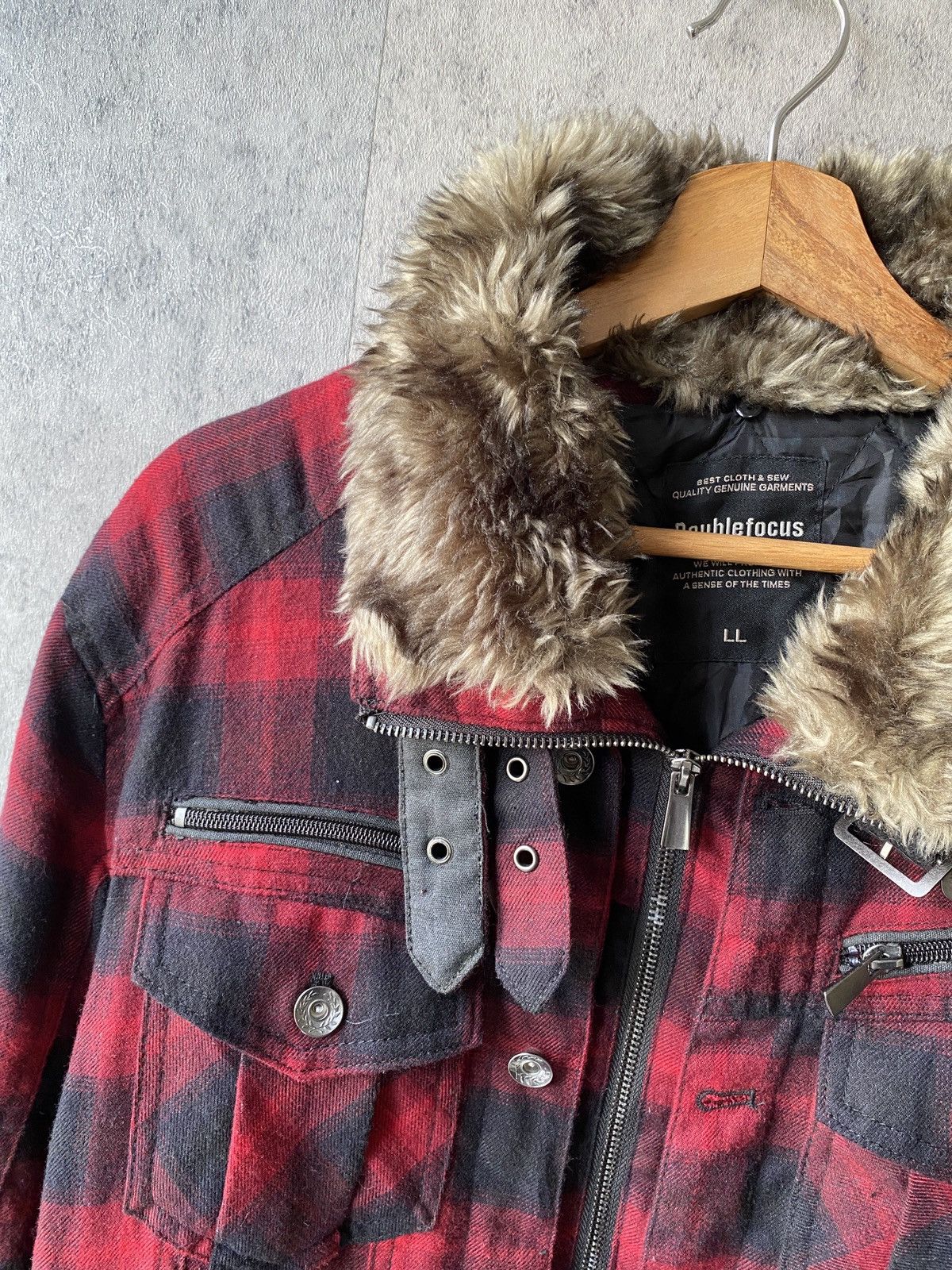 If Six Was Nine Double Focus Red Tartan Design Fur Zipper Jacket Size US L / EU 52-54 / 3 - 6 Thumbnail