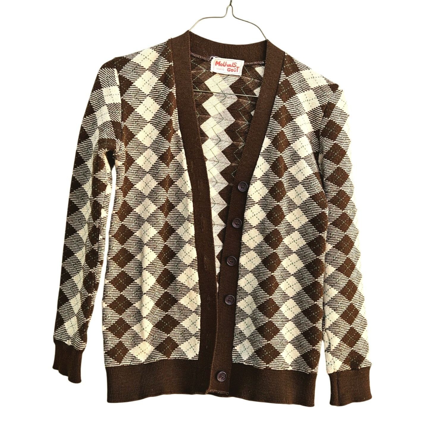 Vintage 1970s Japan Knit Cardigan XS Argyle Brown Cream V-Neck Butto Size XXS / US 00 / IT 34 - 11 Thumbnail