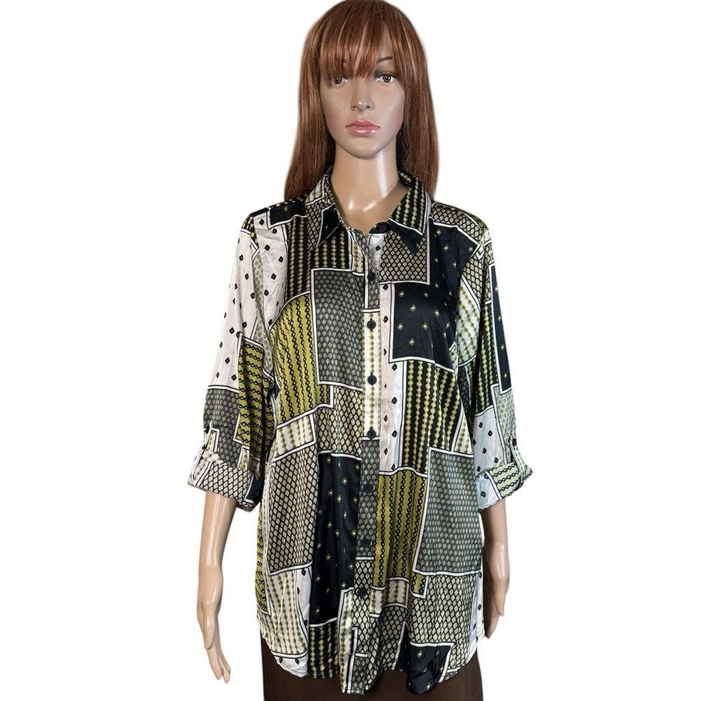 Anthropologie NWT New Fig & Flower Patchwork Roll Tab Sleeve Satin Blouse Size XXL / US 16-18 / IT 52-54 - 1 Thumbnail