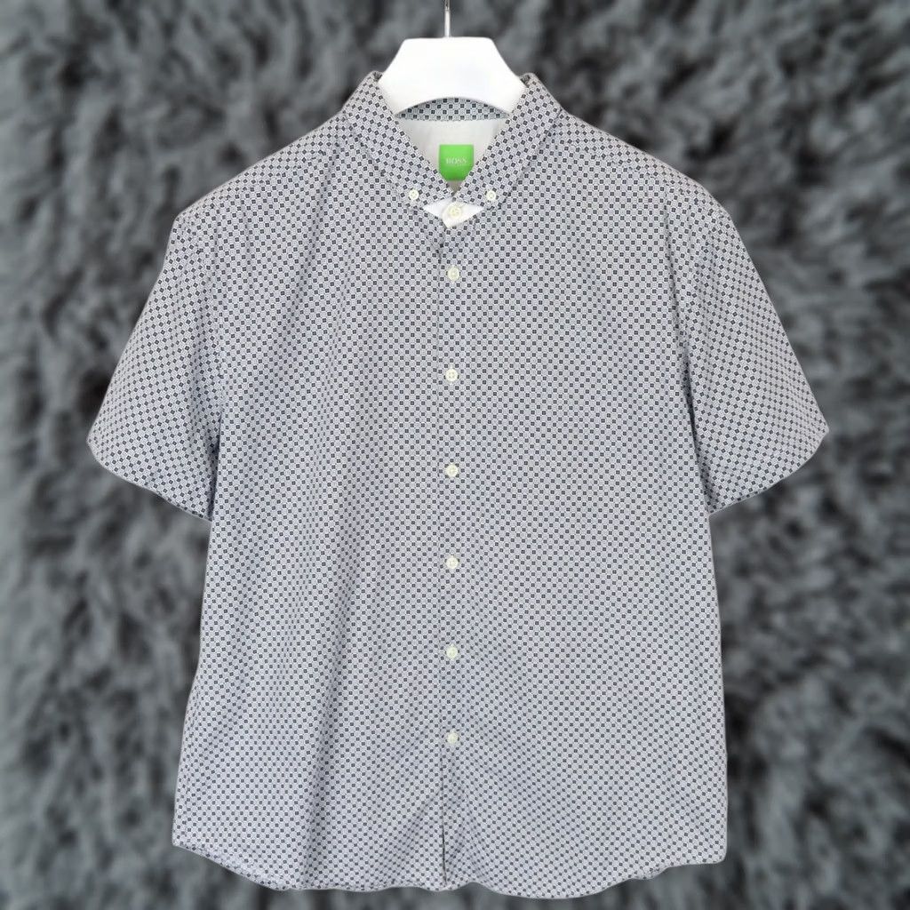 Hugo Boss HUGO BOSS C-Bonettino Slim Fit Formal Shirt Men Short Sleeve Patterned 2XL White Dress Shirt Button-Up Slim Fit Mens Size 48R - 1 Thumbnail