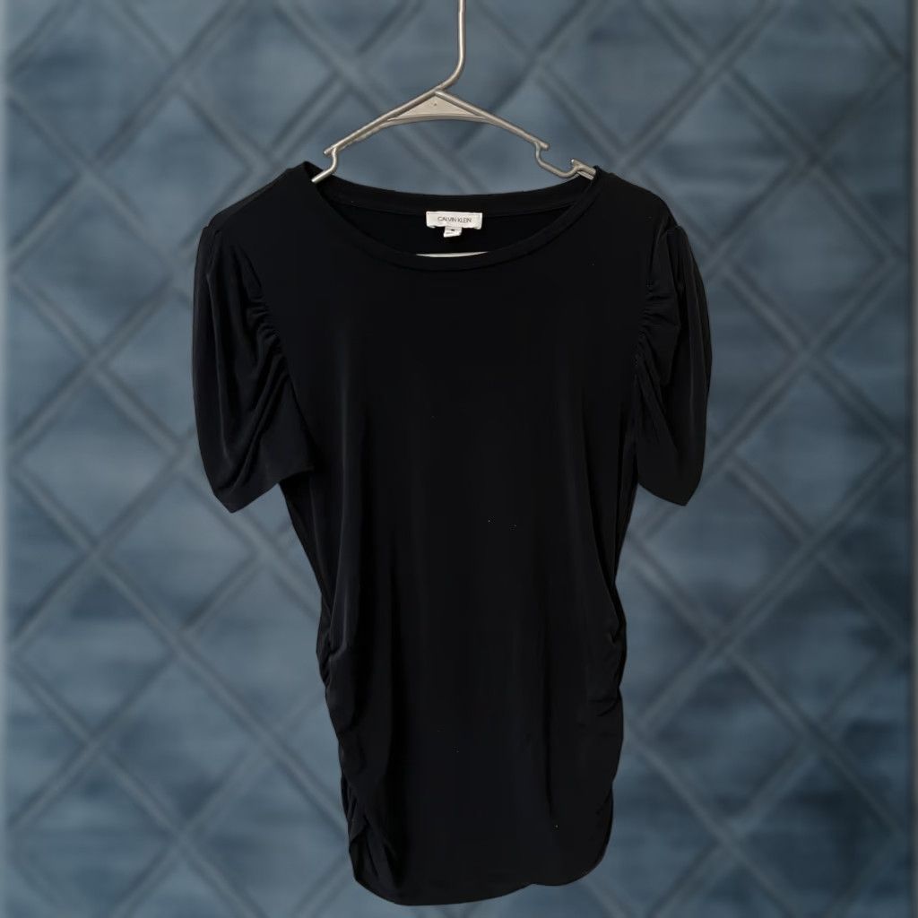Calvin Klein Calvin Klein Blouse Short Puff Sleeve Top Slimming Black Medium Ruched Shine Slimming Invisible Fit Solutions Side Zipper Women Size M / US 6-8 / IT 42-44 - 1 Thumbnail