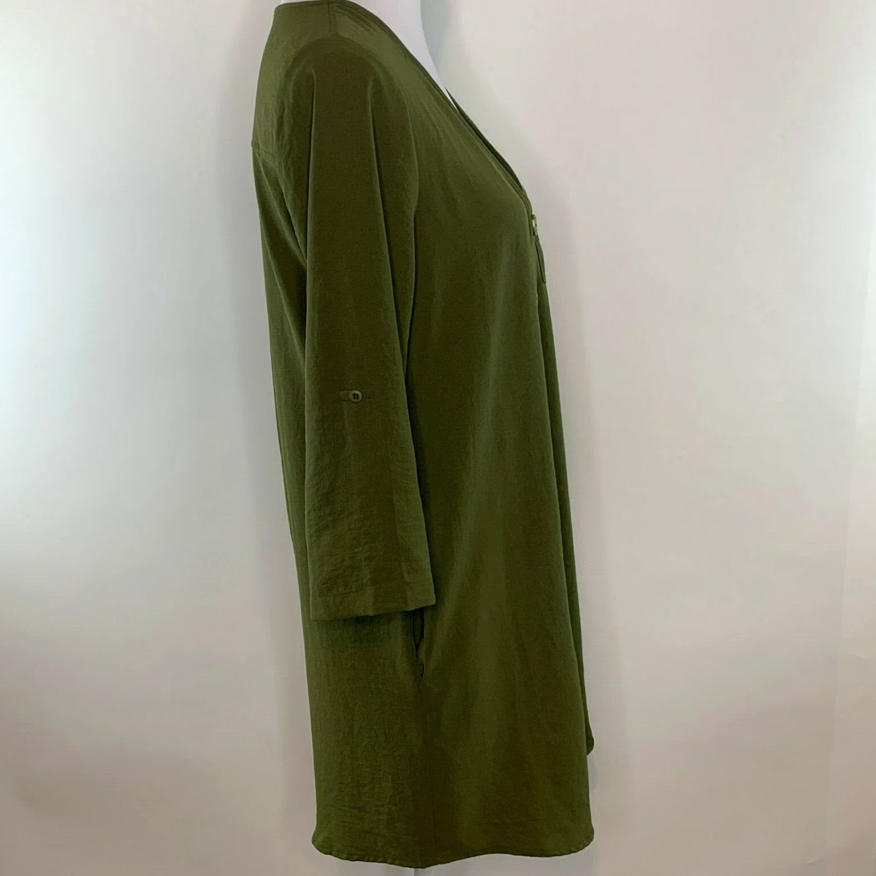 Olive Entro Womens S Tunic Top Button-Up 3/4 Sleeve Olive Green Blouse Dress Size S / US 4 / IT 40 - 5 Thumbnail