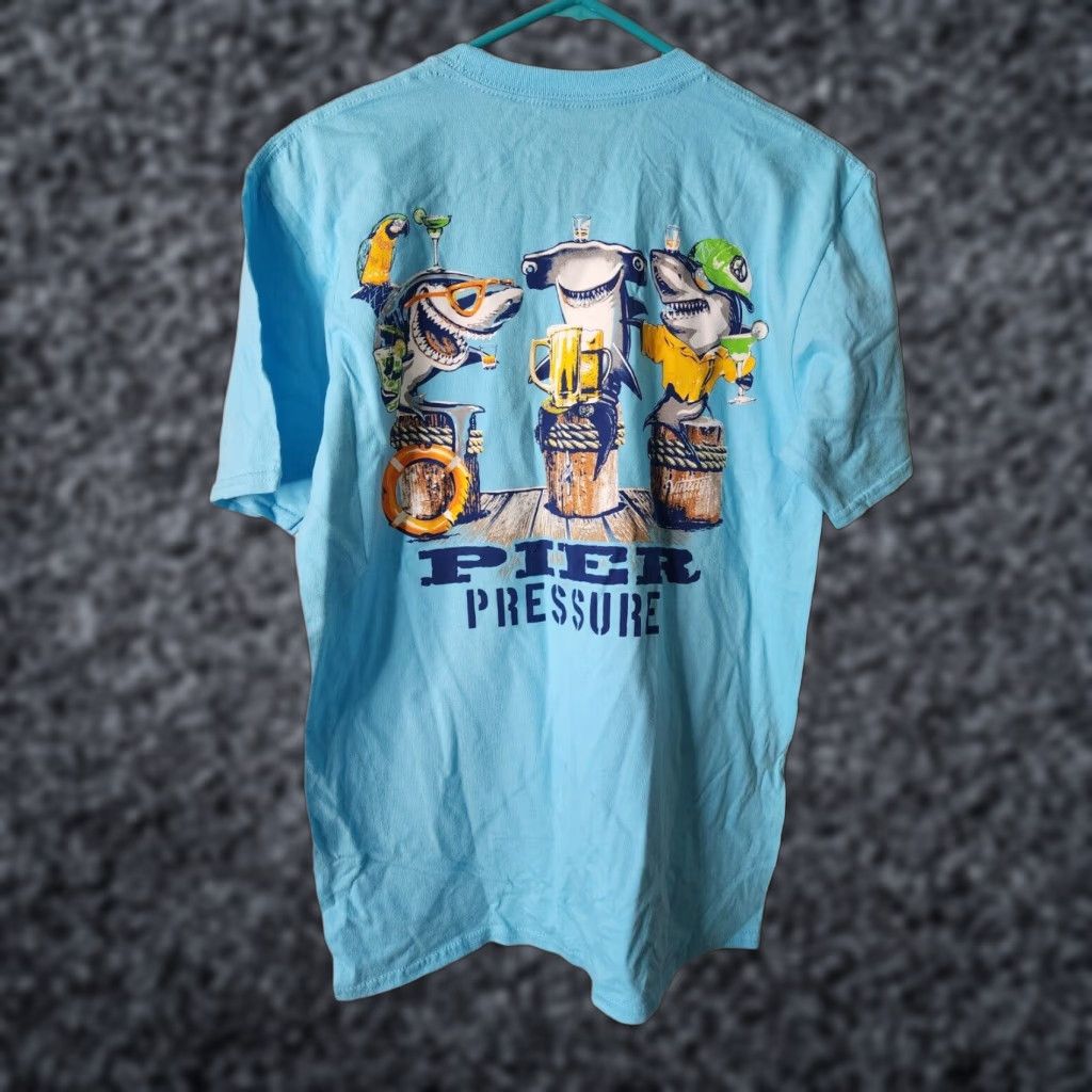 Doublet NuBlu Sportswear Mens T-Shirt M Double Sided Shark Drinking Funny Blue Cotton Crew Neck Short Sleeve Mens Size US M / EU 48-50 / 2 - 1 Thumbnail