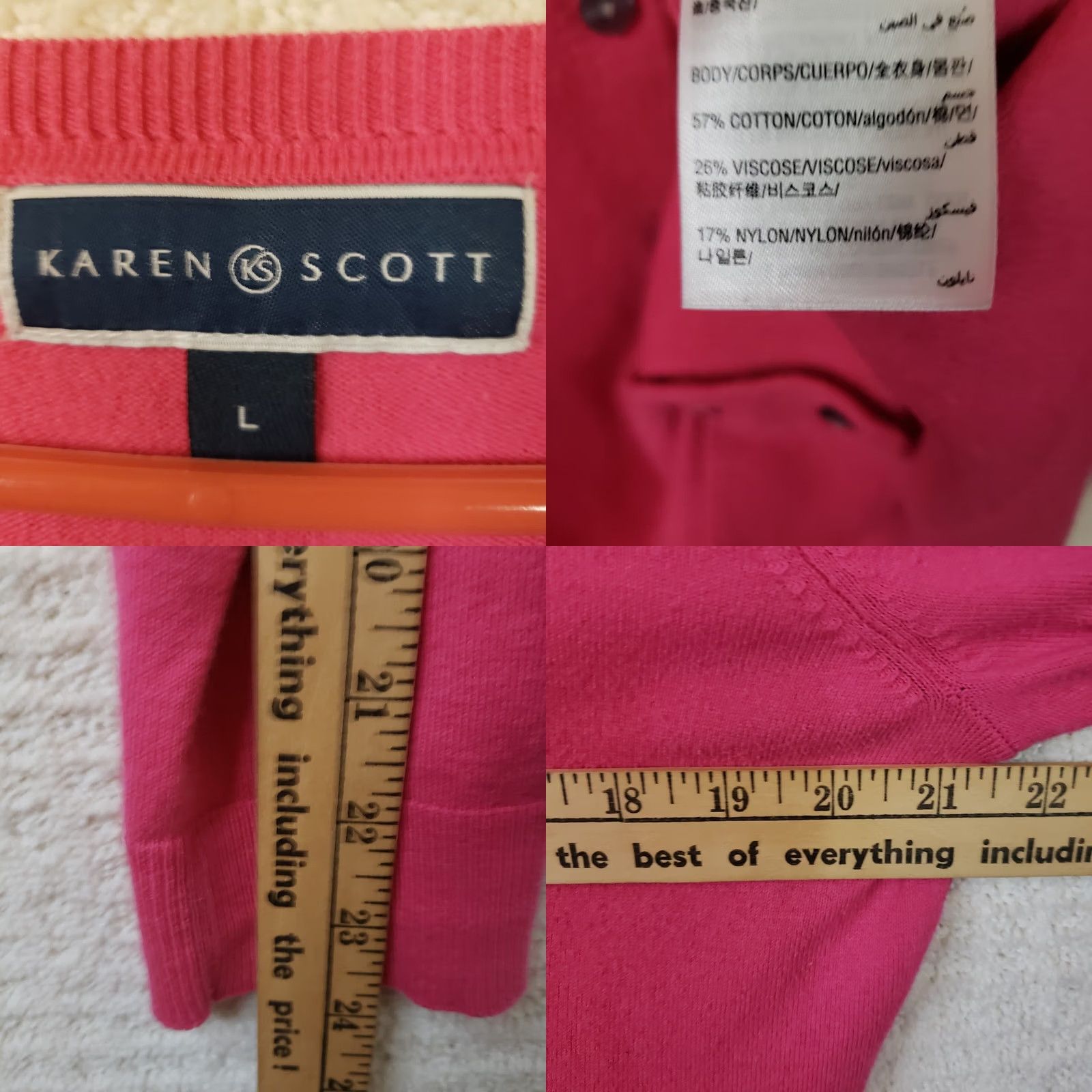 Vintage Karen Scott Women's L Cardigan Sweater Pink Cotton Blend Button Front Round Neck Long Sleeve Regular Fit Barbie Theme Casual Workwear Size L / US 10 / IT 46 - 8 Thumbnail