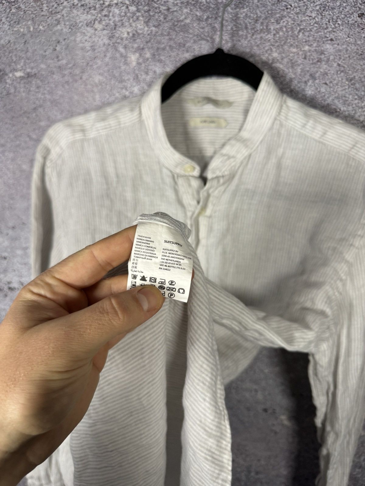 Suitsupply Suitsupply Shirt Gray Stripe Pure Linen Band Collar Popover Size US M / EU 48-50 / 2 - 9 Thumbnail