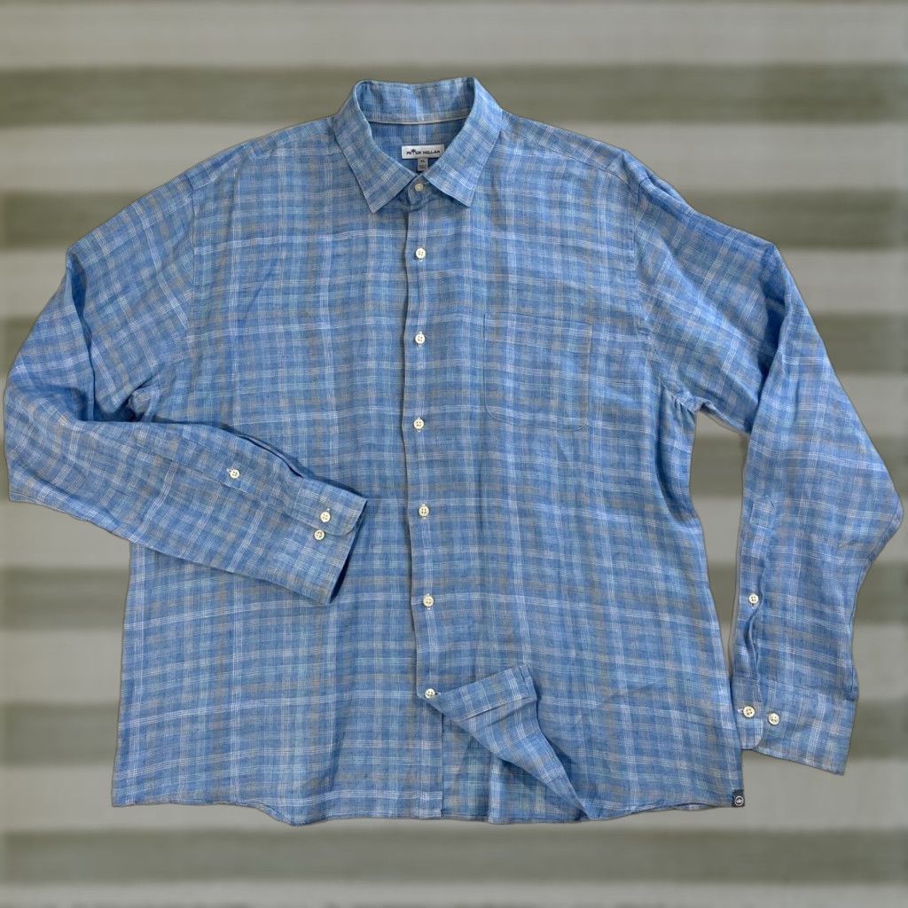 Peter Millar Peter Millar Seaside Duxbury Beach Linen Sport Shirt Plaid XL Blue Mens Button-Up Shirt Size US XL / EU 56 / 4 - 1 Thumbnail