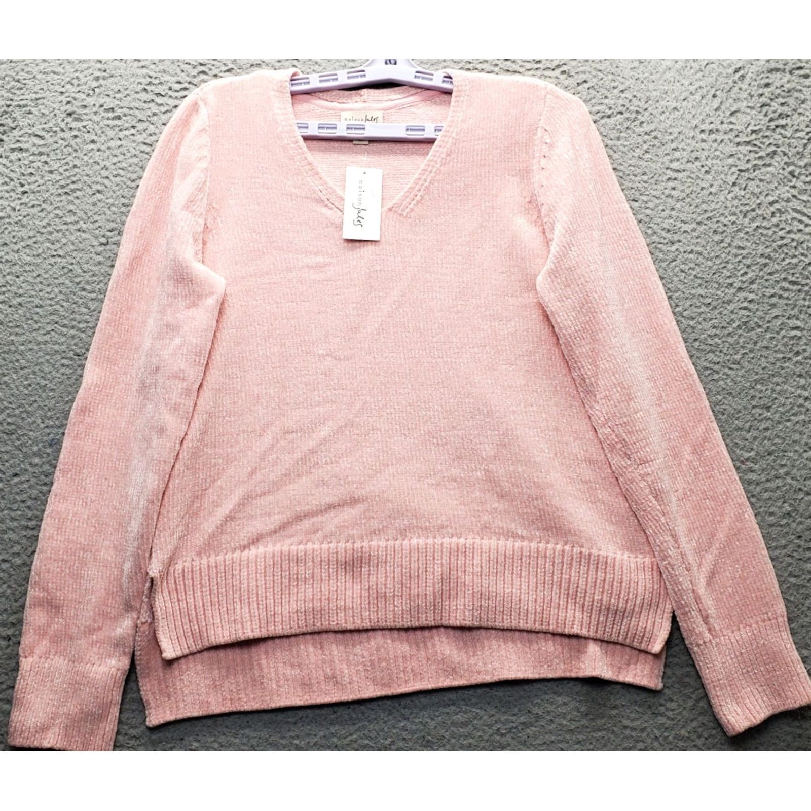 Vintage Maison Jules Womens V-Neck Chenille Sweater M Pink Knit Pullover Casual Slit High Low Size M / US 6-8 / IT 42-44 - 2 Thumbnail