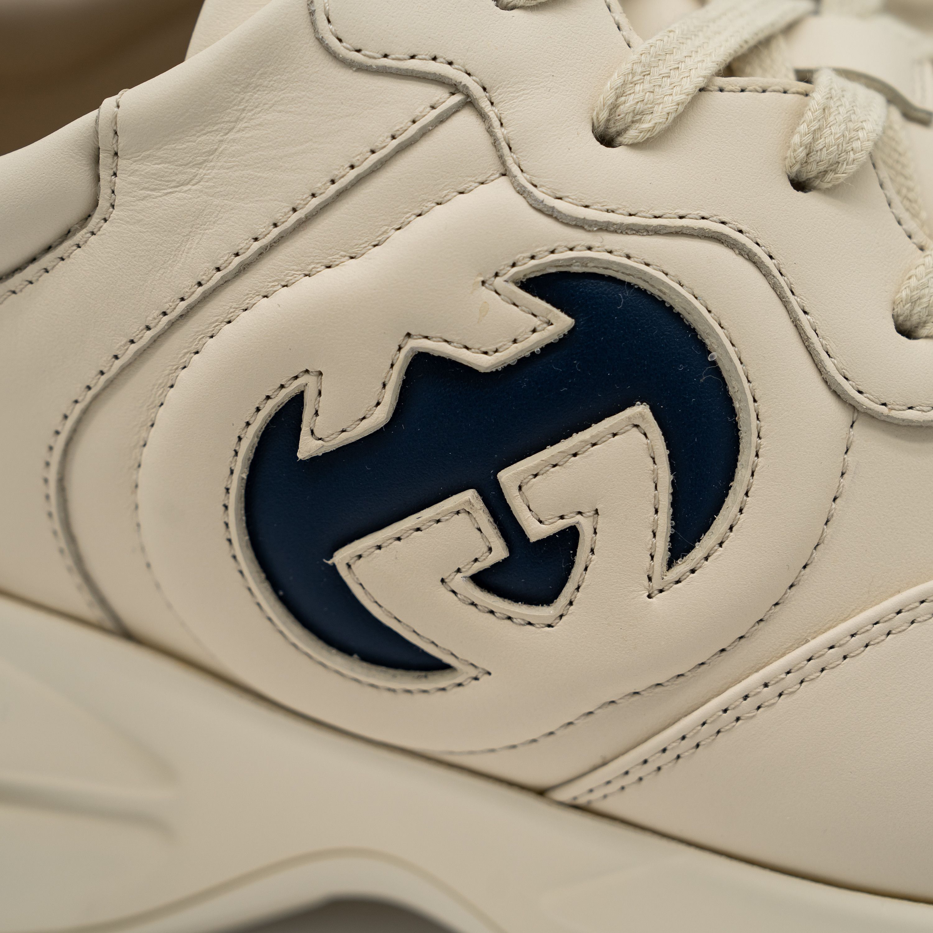Gucci Gucci Rhyton Ivory Blue GG Cut Out Logo Leather Sneakers Size US 11.5 / EU 44-45 - 9 Thumbnail