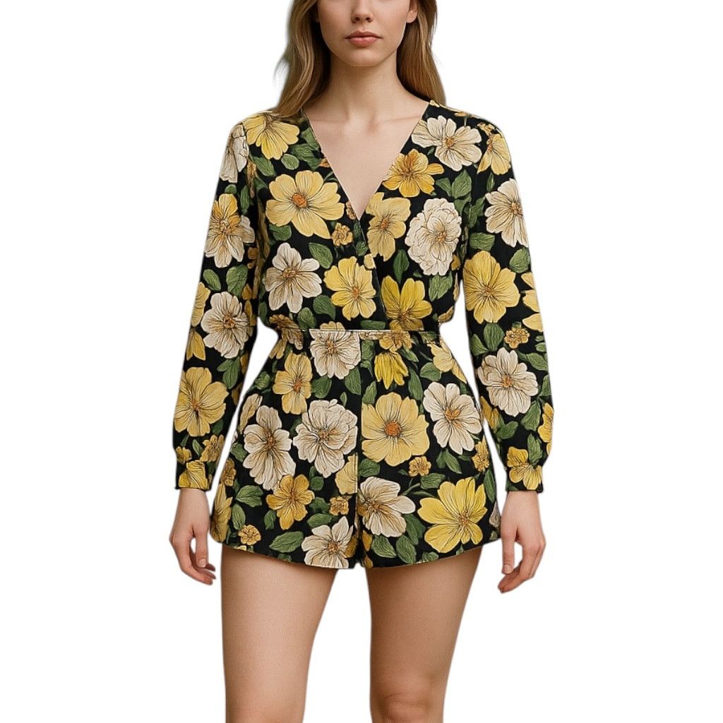 Forever 21 Forever21 Black Yellow Long Sleeve Floral Romper Size 1X Size 38" / US 16 / IT 52 - 1 Thumbnail