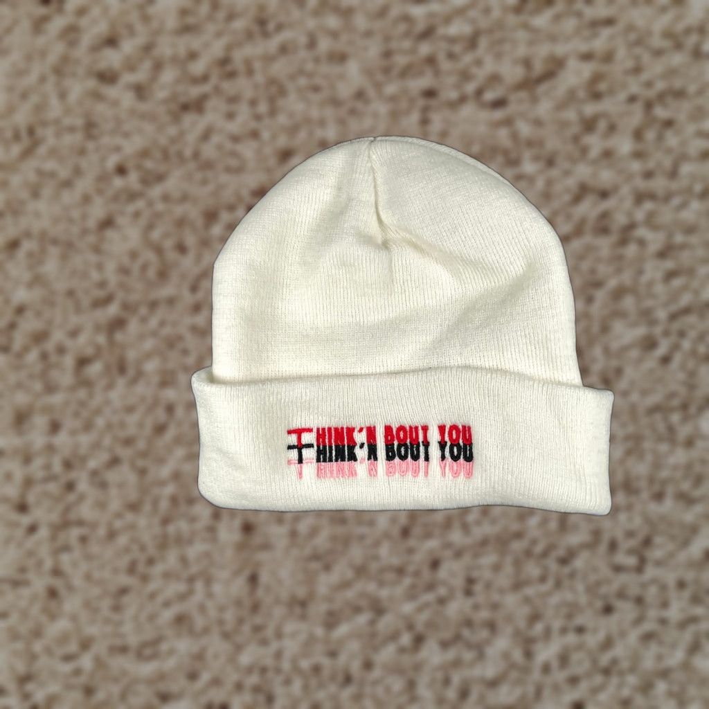 Vintage Think'n Bout You Beanie Toque Adult One Size White Knit Embroidered 100% Acrylic Size ONE SIZE - 1 Thumbnail