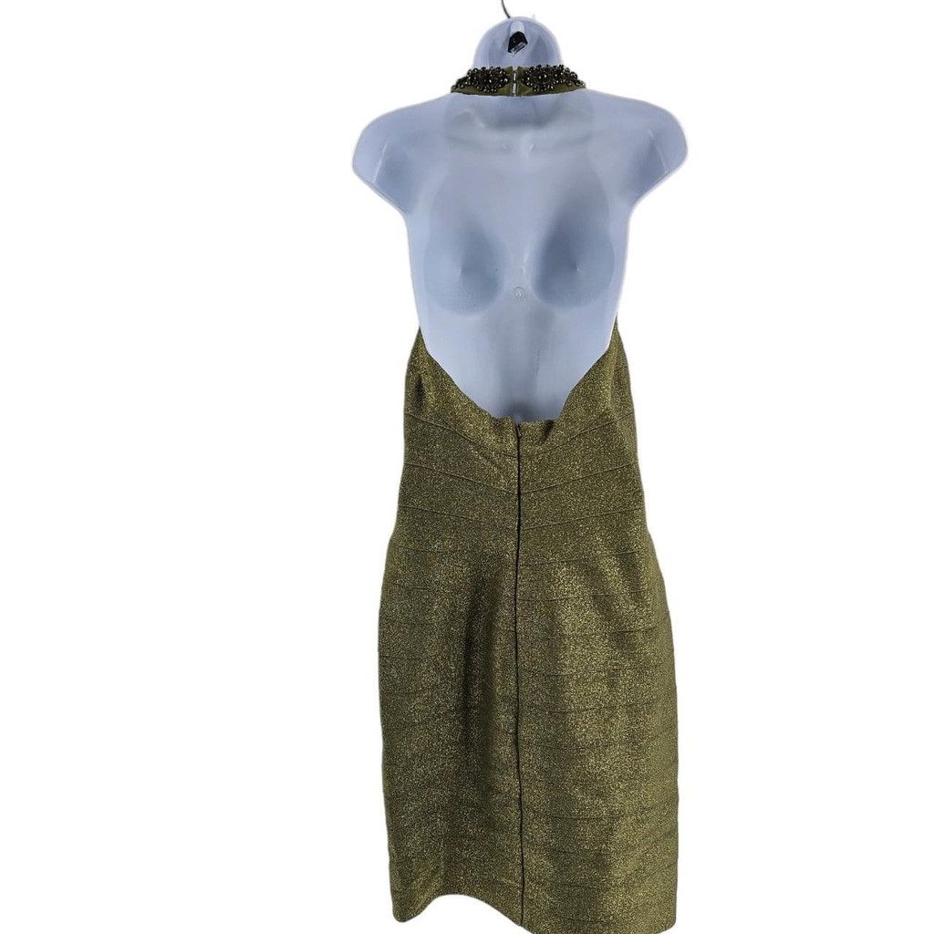 The Unbranded Brand Carmen Marc Valvo Olive Halter Neck Jeweled Bandage Dress Size M / US 6-8 / IT 42-44 - 2 Thumbnail