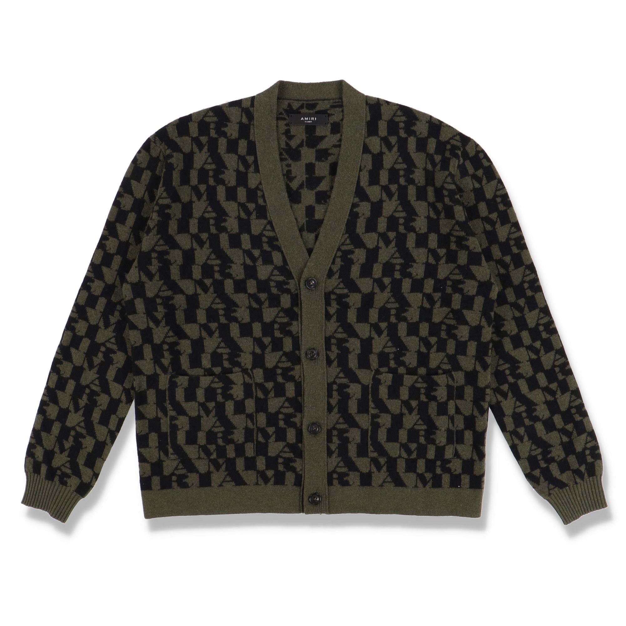 image of Amiri Green All Over Jacquard Logo Cashmere Cardigan, Men's (Size XL)