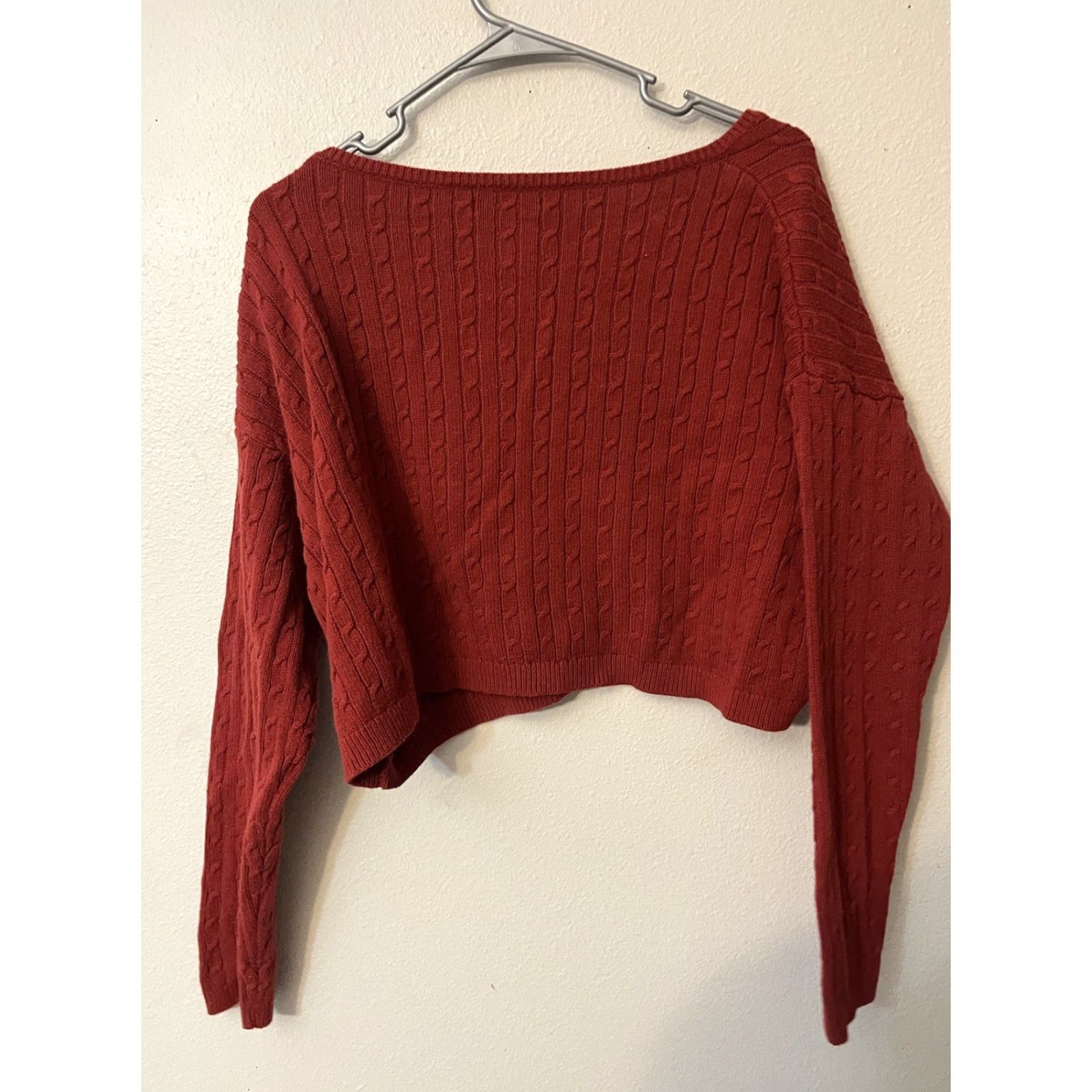 Vintage Kendall & Kylie Cable Knit V Neck Cropped Cardigan Sweater Brick Red Rust Large Size L / US 10 / IT 46 - 3 Thumbnail