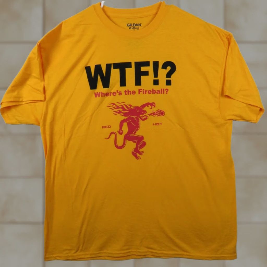 Vintage Fireball WTF Cinnamon Whiskey Graphic T-Shirt Men XL Red Hot Yellow SS Size US XL / EU 56 / 4 - 1 Thumbnail