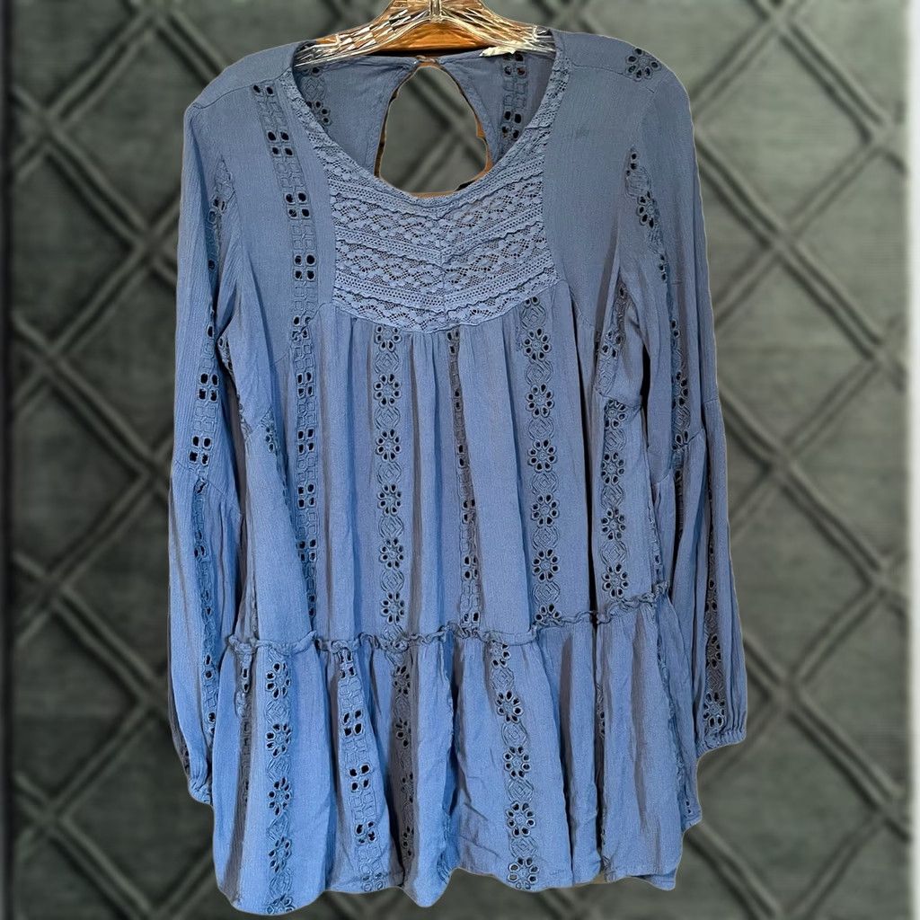 Vintage Altar'd State Blouse Shirt Women Small Blue Eyelet Lace Puff Sleeve Boho Hippie Floral Peasant Vintage: No Size S / US 4 / IT 40 - 1 Thumbnail