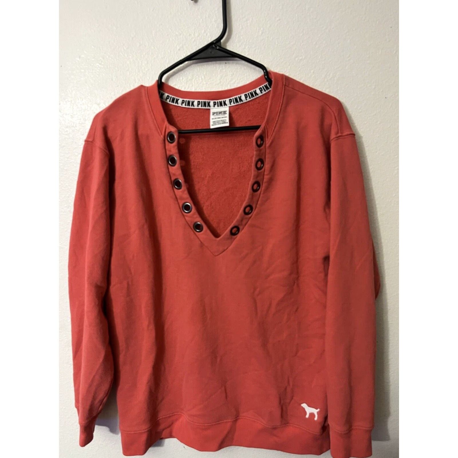 Pinko Victoria's Secret PINK Sweatshirt Women XS Red V-Neck Lace Up Logo Activewear Size XS / US 0-2 / IT 36-38 - 3 Thumbnail
