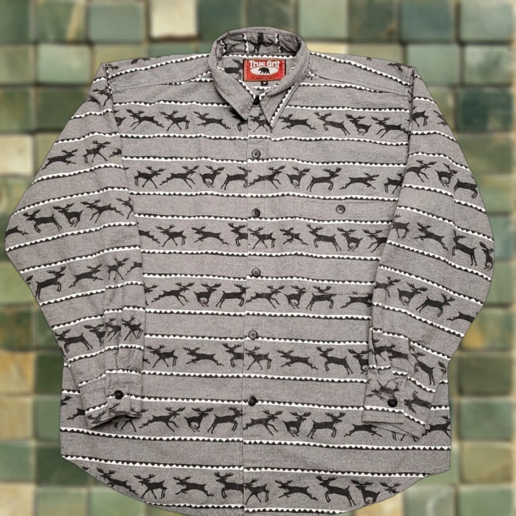Vintage VINTAGE True Grit Shirt Men M Gray Flannel Cotton Aztec Native Moose 90s Made in USA Size US M / EU 48-50 / 2 - 1 Thumbnail