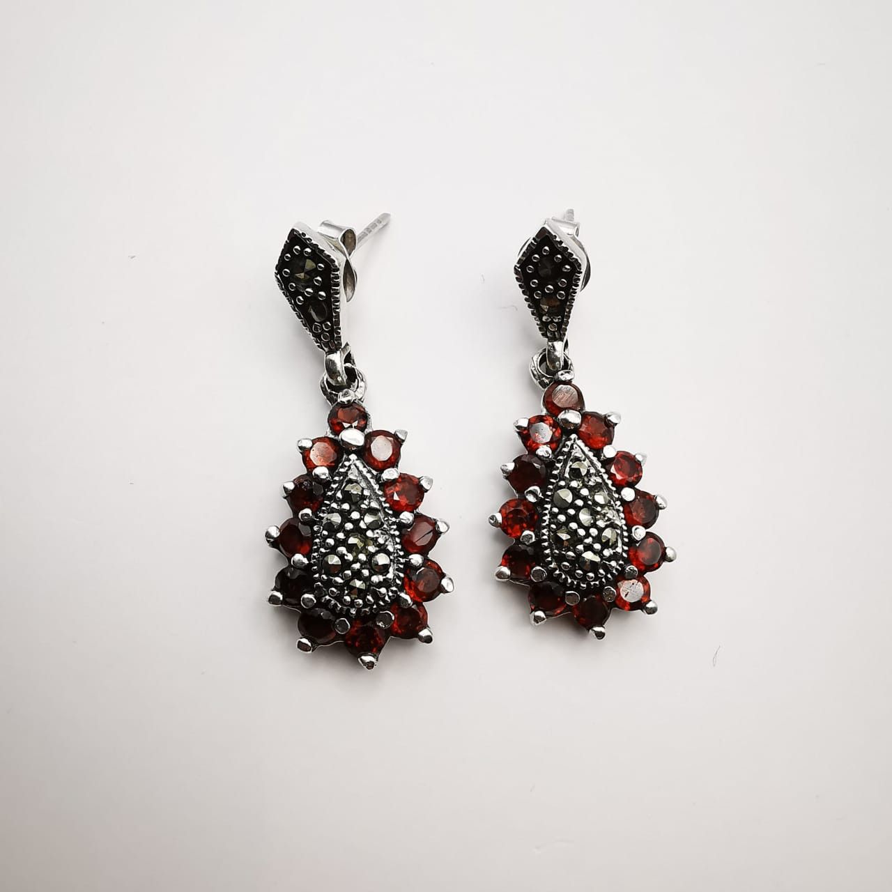 Vintage Vintage Earrings 925 Sterling Silver, Garnet, Marcasite Size ONE SIZE - 1 Thumbnail
