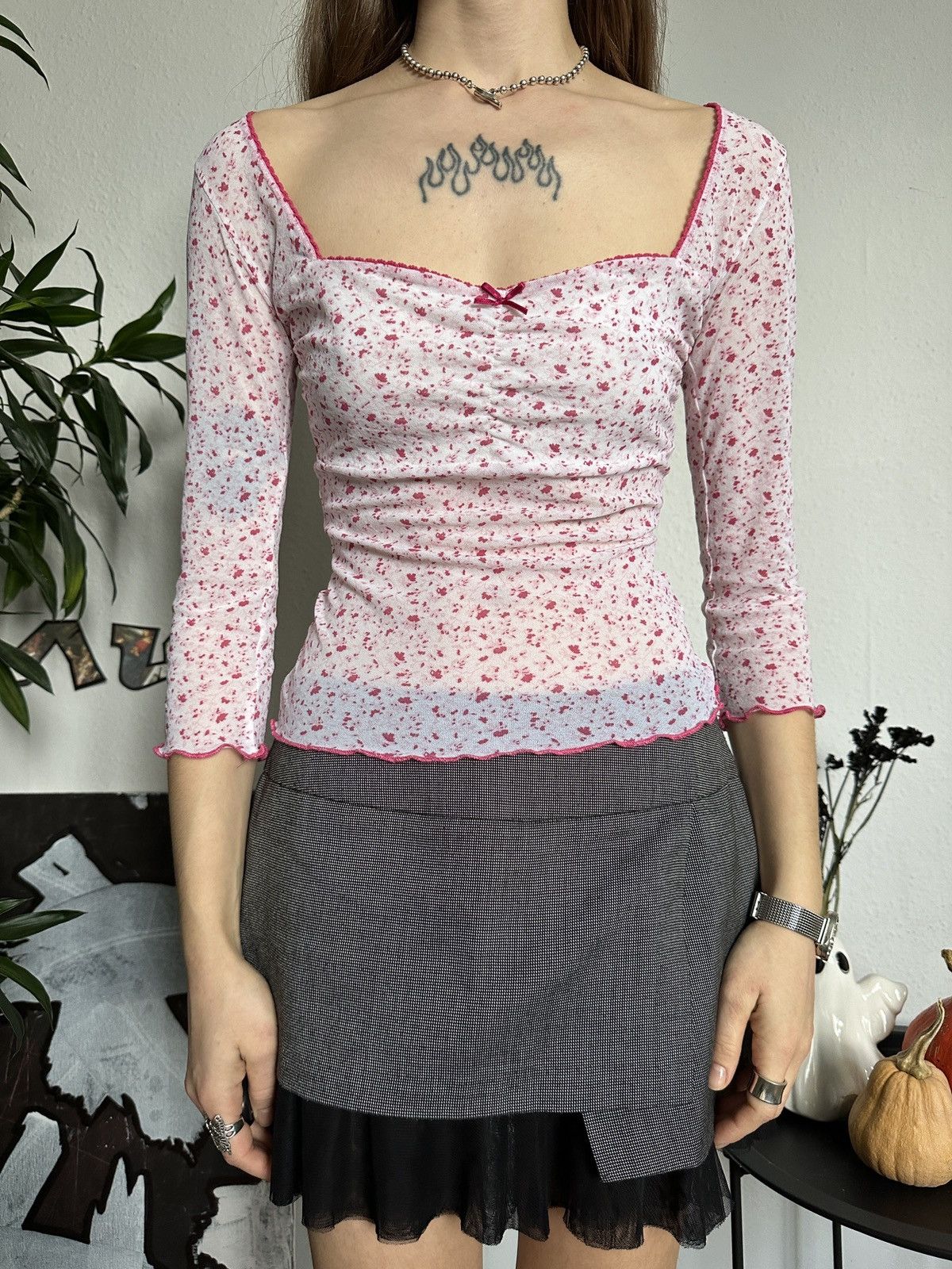 Japanese Brand × Vintage Baby Doll Cute Coquette Mesh Blouse Floral Top 3/4 Sleeve Size XS / US 0-2 / IT 36-38 - 4 Thumbnail