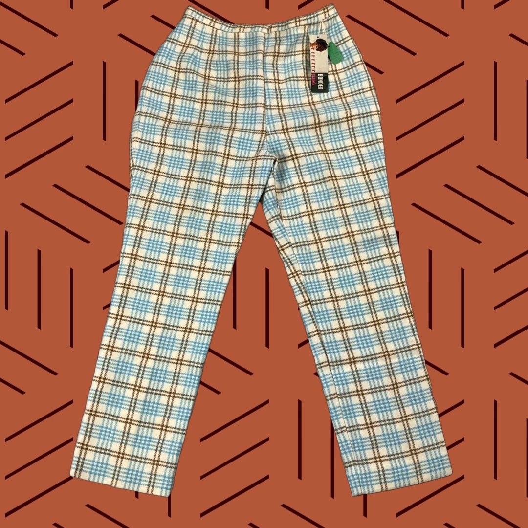 Vintage VINTAGE 1960s Russ Flannel Plaid High Waisted Pants Women's Medium Blue White Brown Clubwear Size 29" - 1 Thumbnail