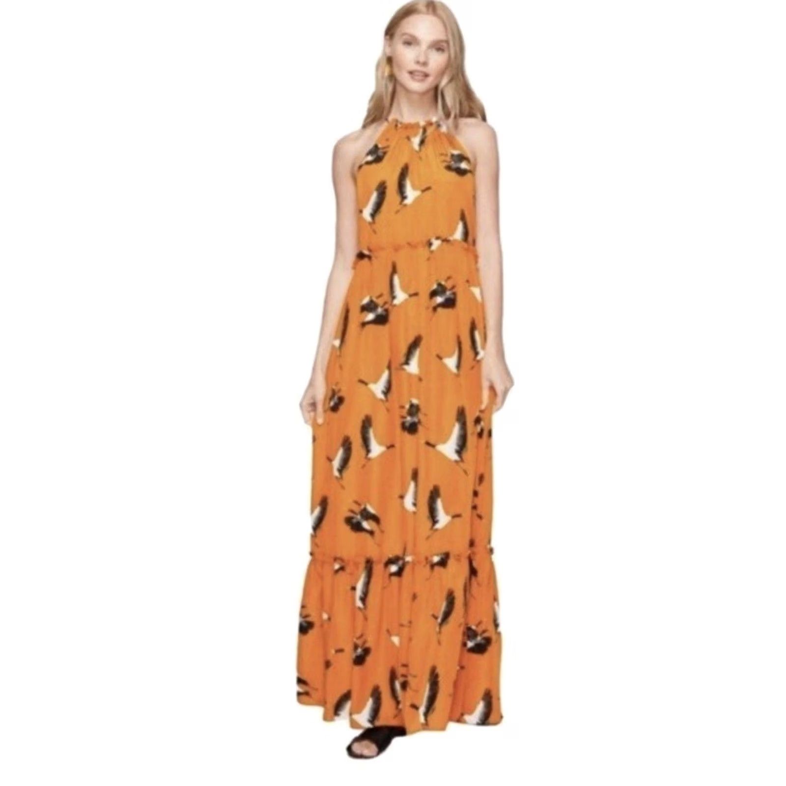 Vintage ROLLER RABBIT Maxi Dress Flying Karma Teagan XS Orange Sleeveless Scoop Neck Tie Floral Cranes Party/Cocktail Casual Women Long Vintage No Size XS / US 0-2 / IT 36-38 - 7 Thumbnail