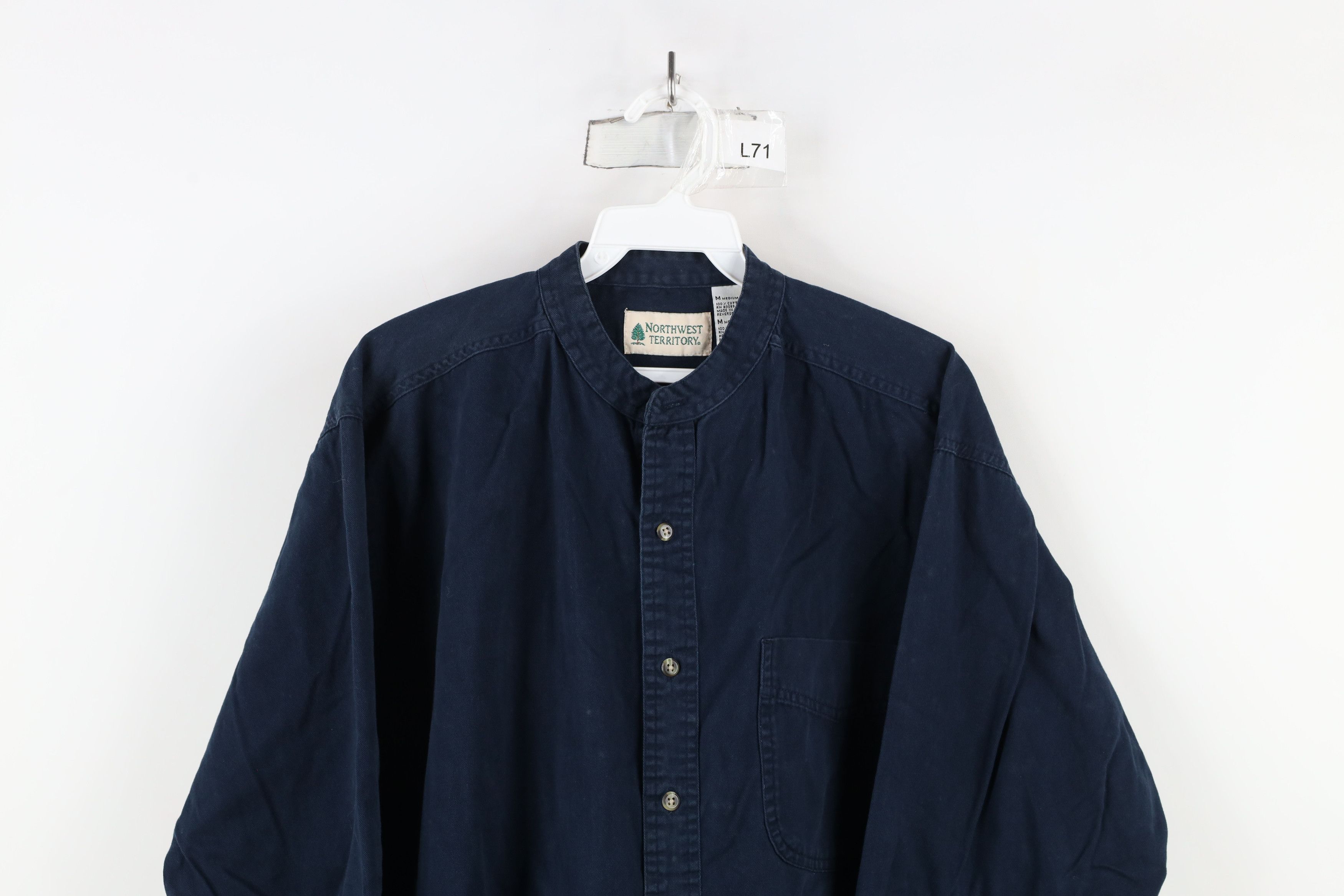 Vintage Vintage 90s Streetwear Band Collar Button Shirt Navy Blue Size US M / EU 48-50 / 2 - 2 Thumbnail