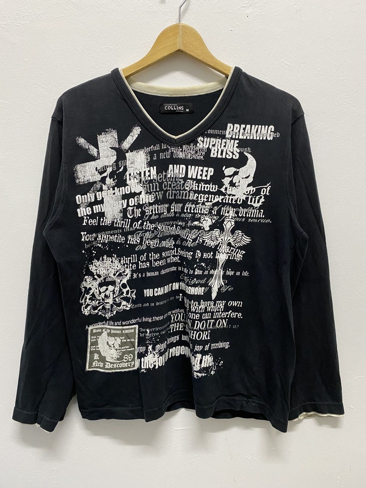 If Six Was Nine Distressed Japanese Design Skull Cross Poem Punk Style Tee Size US M / EU 48-50 / 2 - 2 Thumbnail