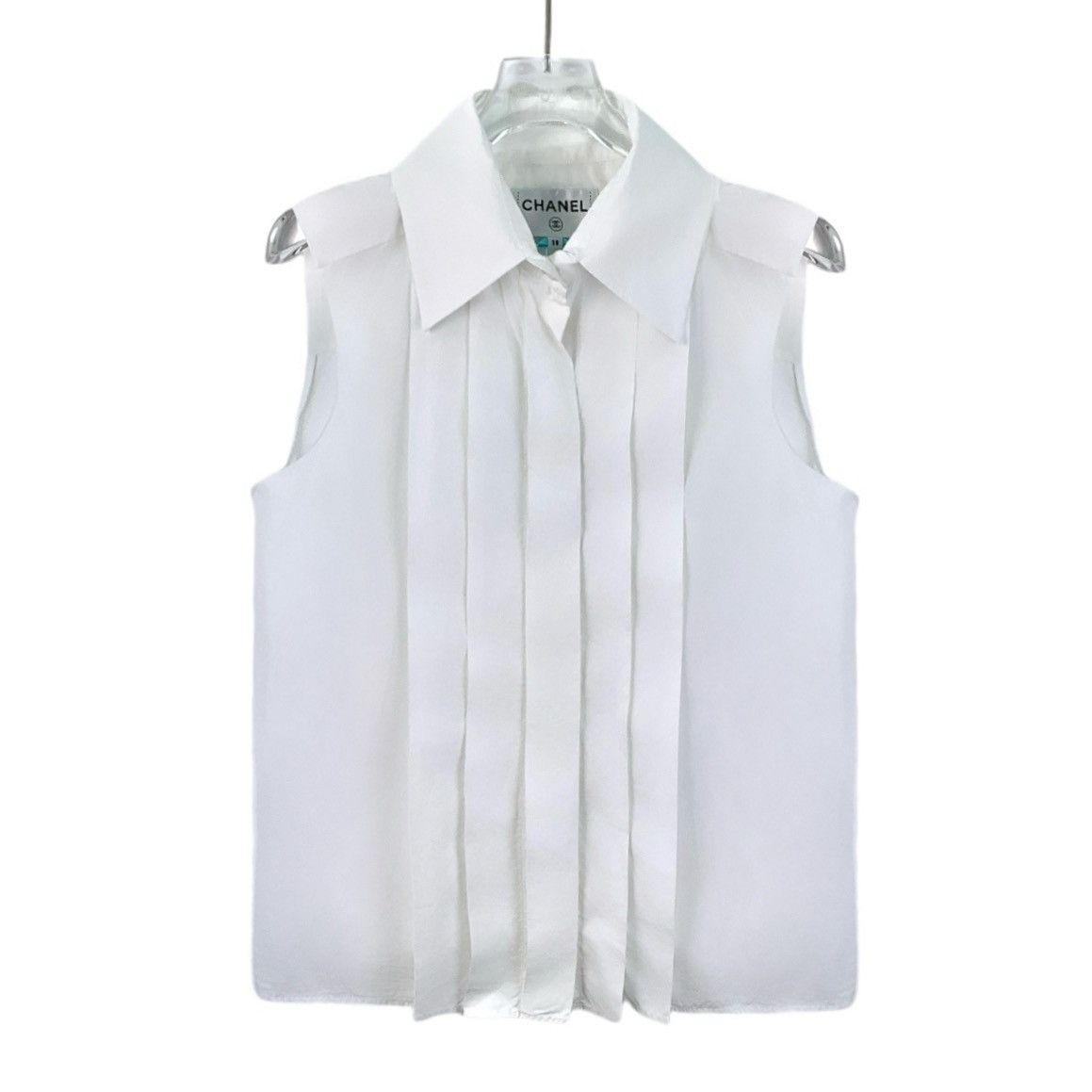 Chanel Chanel White Pleated Design Cotton Lapel Sleeveless Shirt Size S / US 4 / IT 40 - 1 Thumbnail