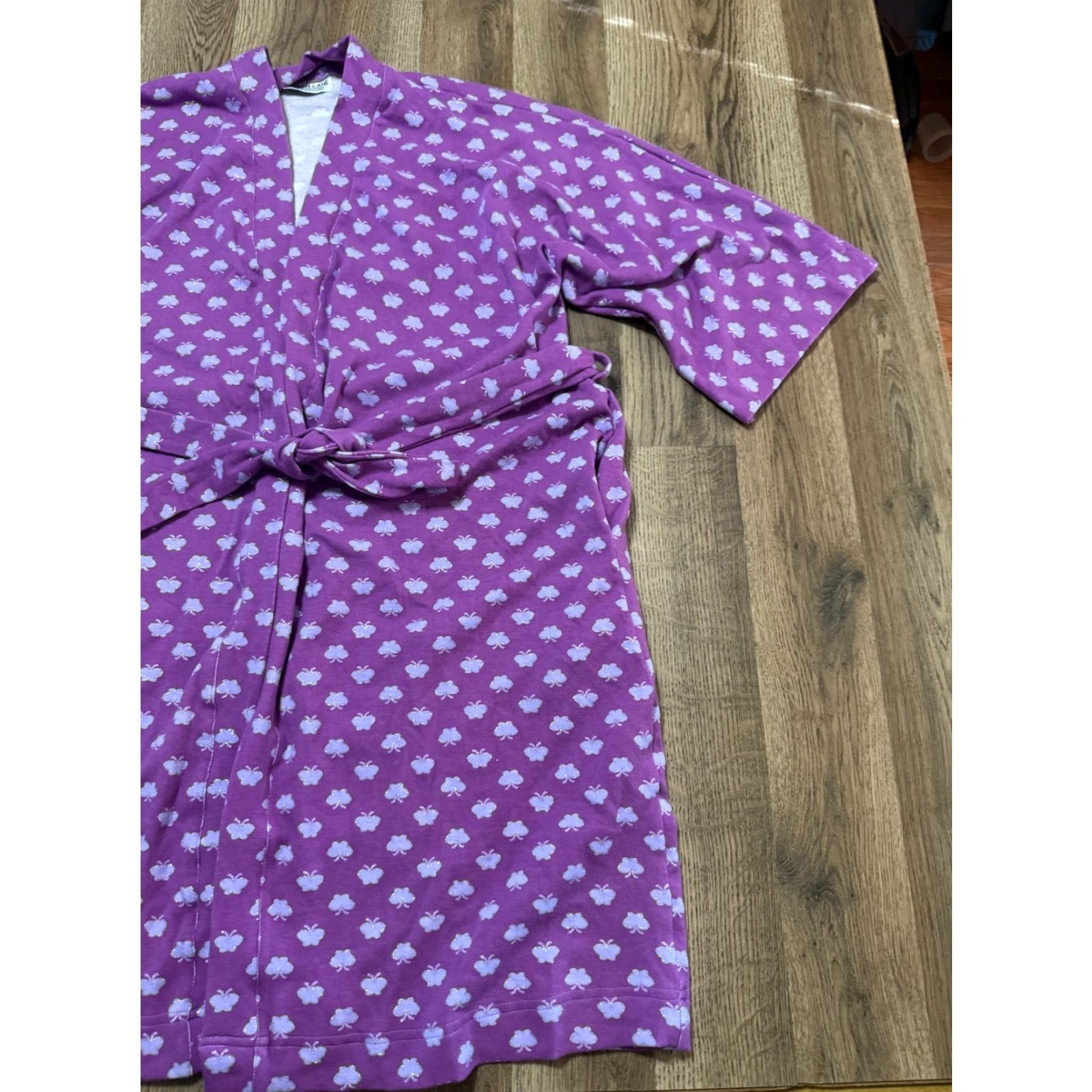 Vintage Aspen Lane Robe Women S/M Purple White Butterflies Tie Waist Size ONE SIZE - 4 Thumbnail