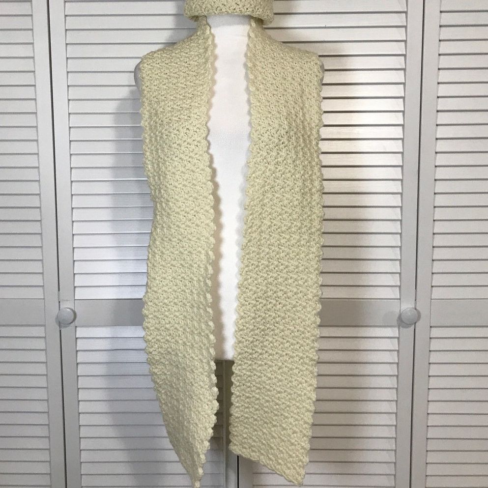 Handmade NWT Handmade Crocheted Off White Textured Beanie Scarf 72” Size ONE SIZE - 4 Thumbnail