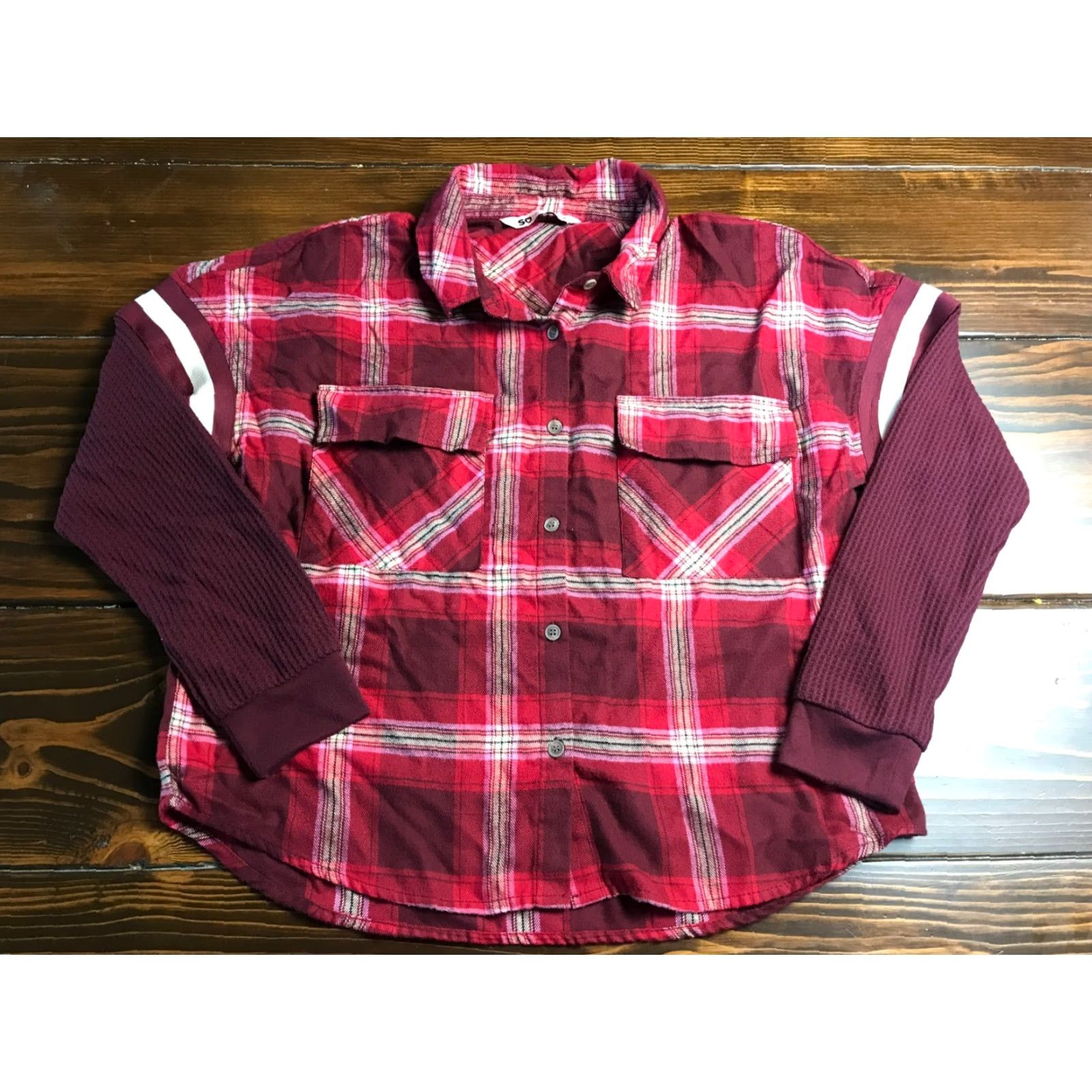 Vintage SO Shirt Women's Medium Button-Up Plaid Red Cream Burgundy Shirtress? Size M / US 6-8 / IT 42-44 - 2 Thumbnail