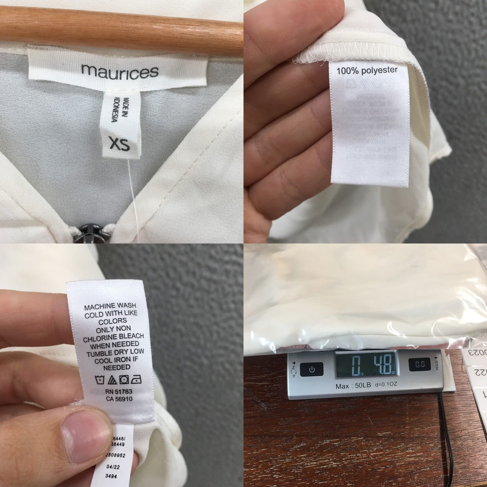 Vintage Maurices Blouse Womens XS Short Sleeve V-Neck Front Quarter Zipper Cream NEW Size XS / US 0-2 / IT 36-38 - 9 Thumbnail