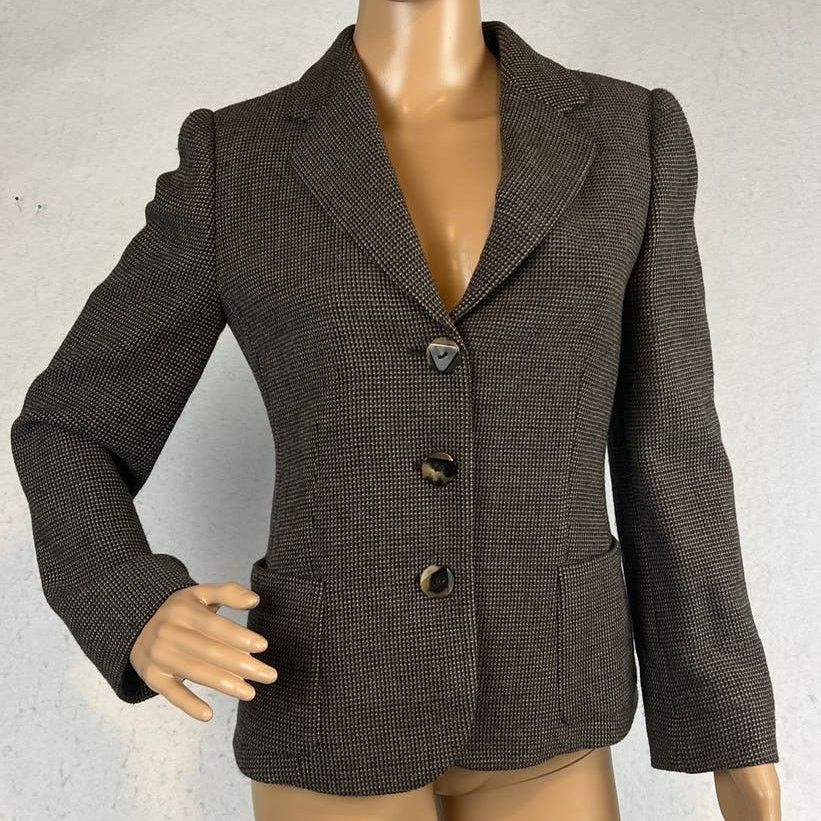 Image of Armani Collezioni Armani Italian Virgin Wool Houndstooth Blazer Size 4 in Brown, Women's