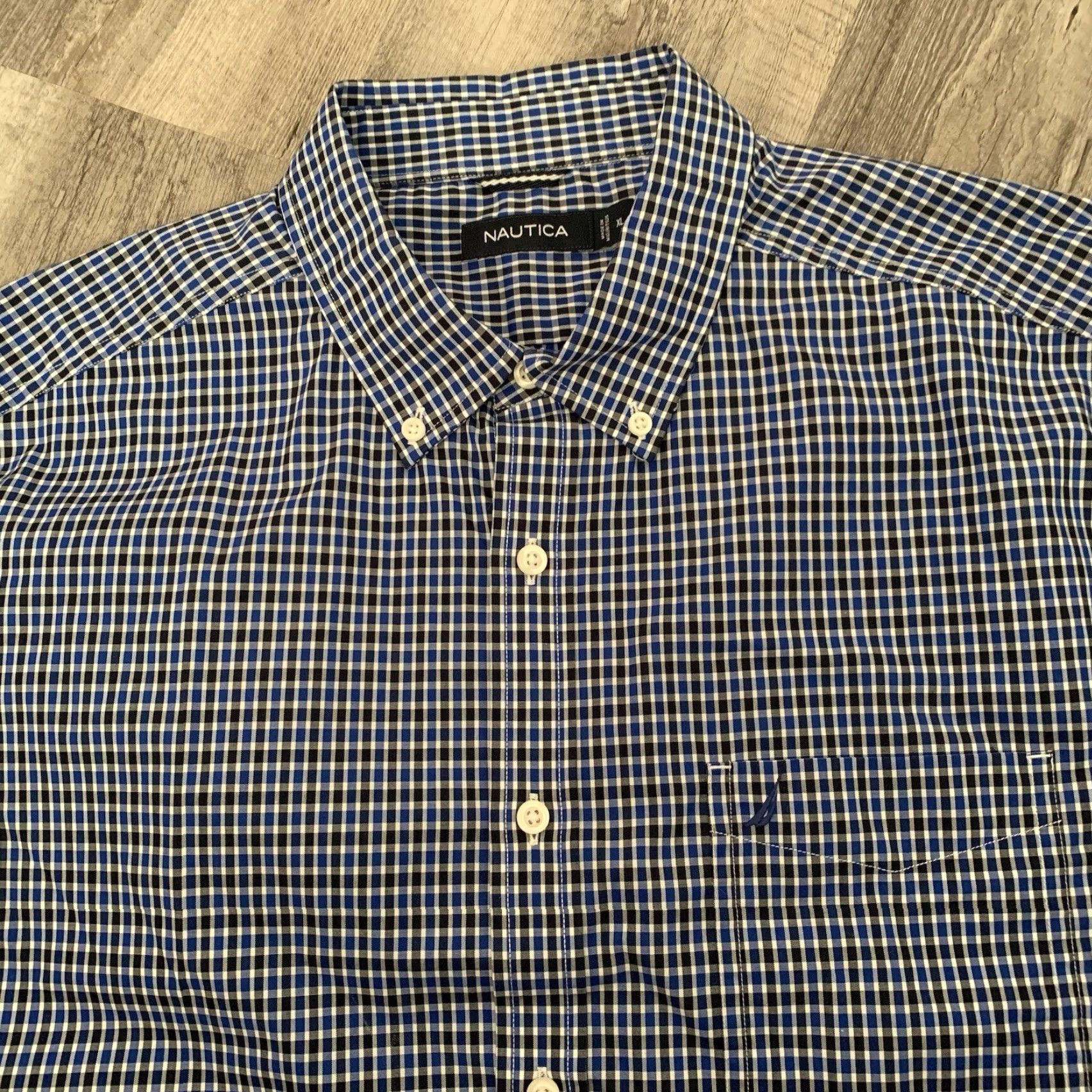 Nautica Nautica Shirt Mens XL Blue Black Check 100% Cotton Button Up Short Sleeve Pocket Size US XL / EU 56 / 4 - 6 Thumbnail