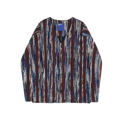 VIBE Burgundy Blue Raw Stripped Pattern Knit Cardigan Sweater Size US M / EU 48-50 / 2 - 5 Thumbnail