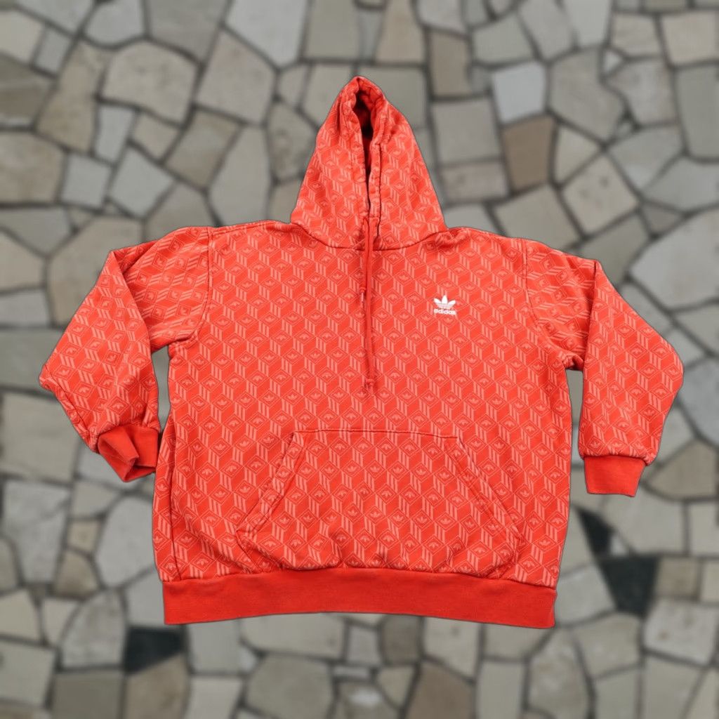 VINTAGE Adidas Hoodie Men Large Red White Trefoil Graphic Pullover