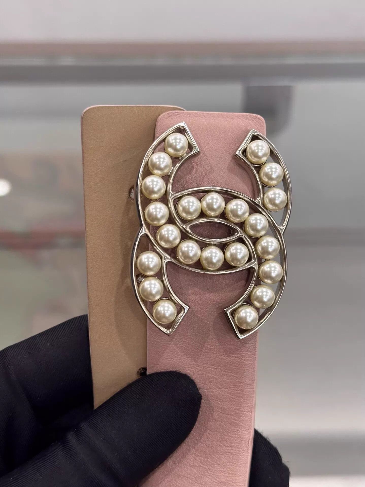 Chanel Chanel Pearl CC Silver Buckle Belt Pink Light Brown 3cm 75 Size ONE SIZE - 4 Thumbnail