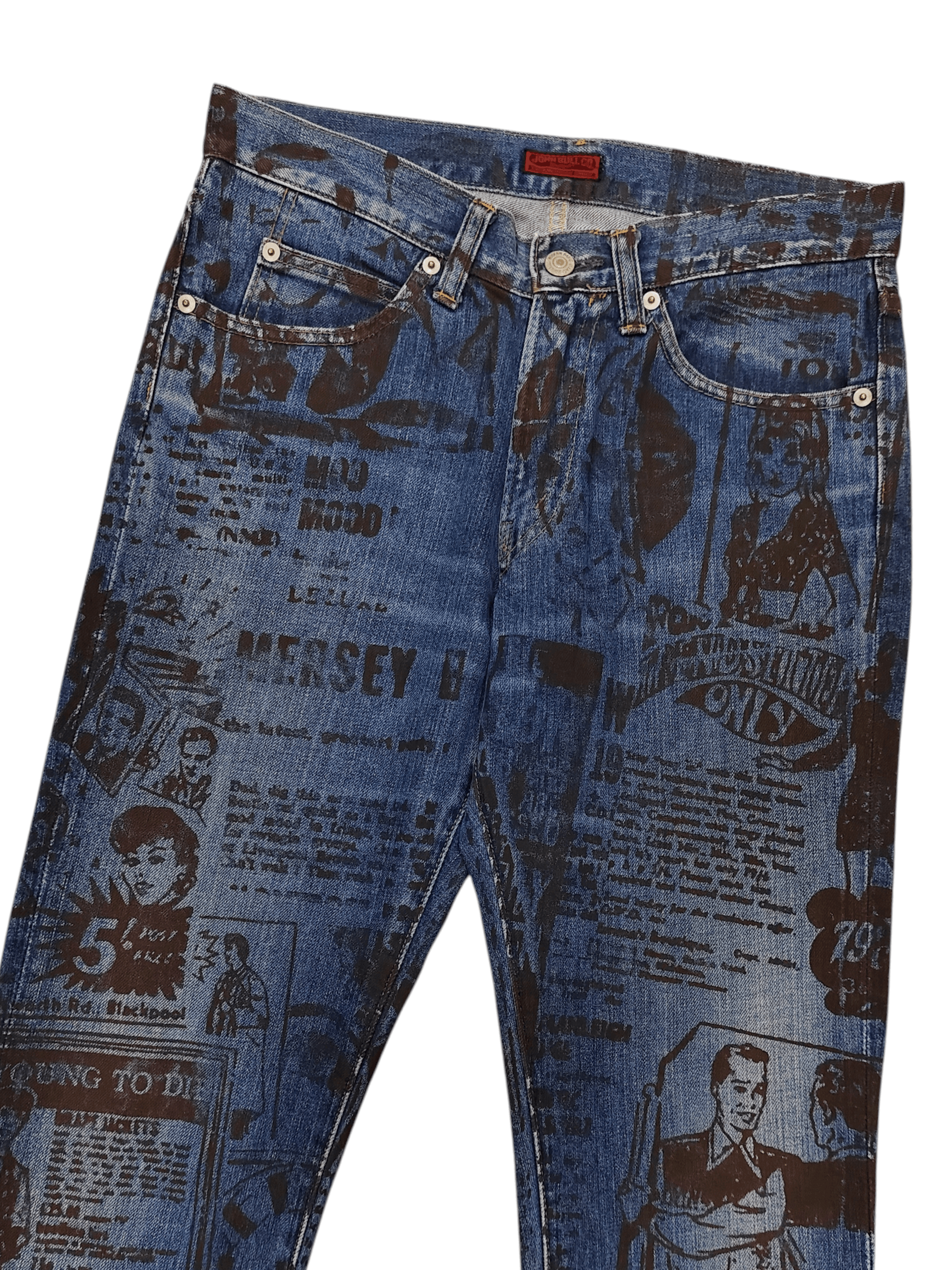 Johnbull Johnbull🇯🇵 AOP Newspaper Graphic Slim Straight Jeans Size US 30 / EU 46 - 1 Thumbnail